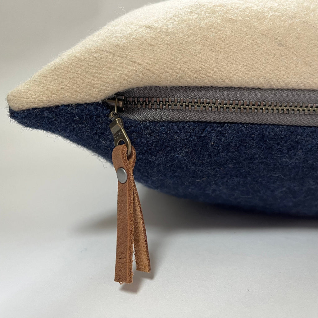 Cream wool pillow with blue stripe 18x18 exposed zipper pillow housewarming gift