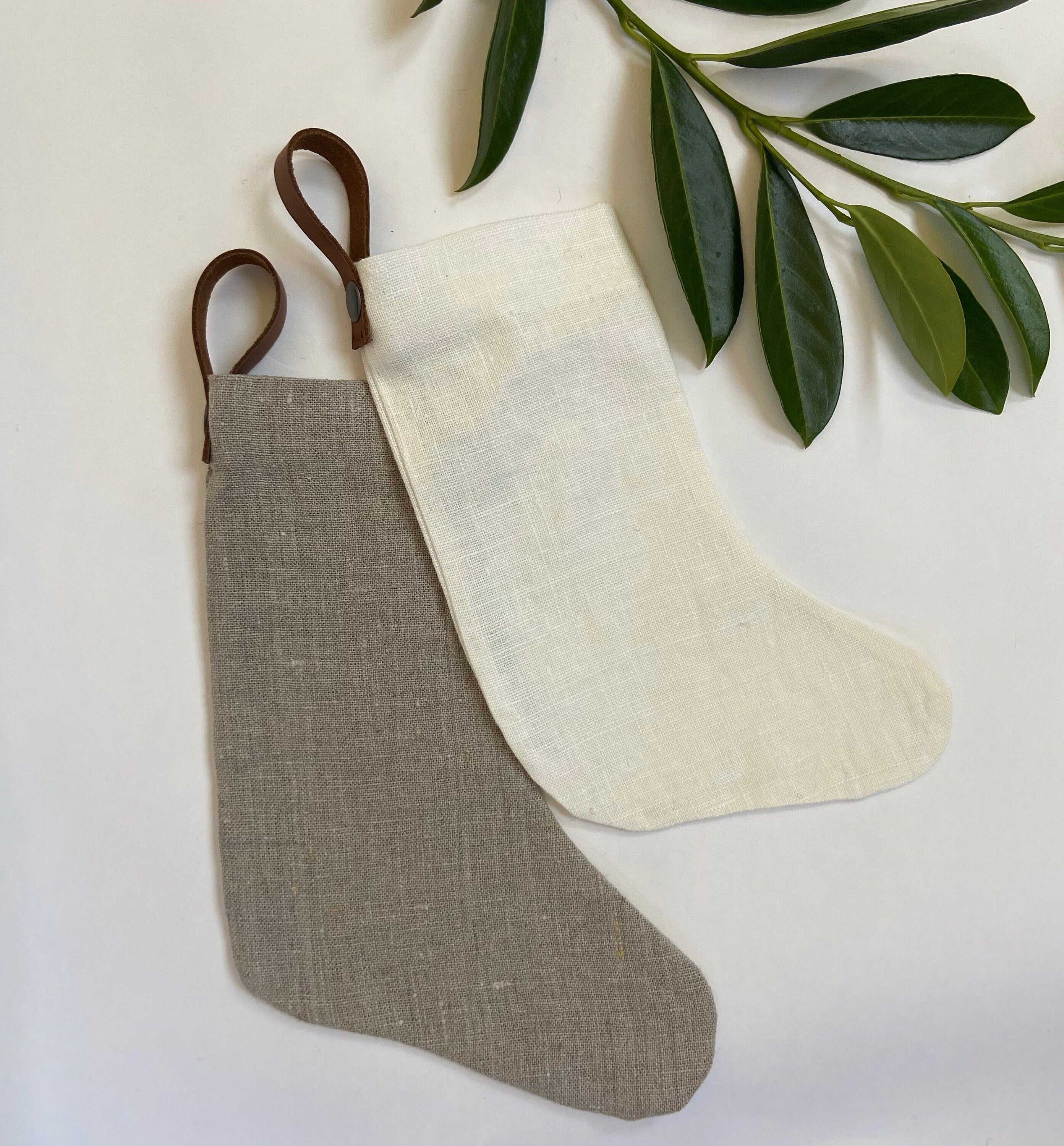 Christmas stocking Natural linen baby puppy kitten mini stocking leather hanging tabs handmade hand stitched High quality linen