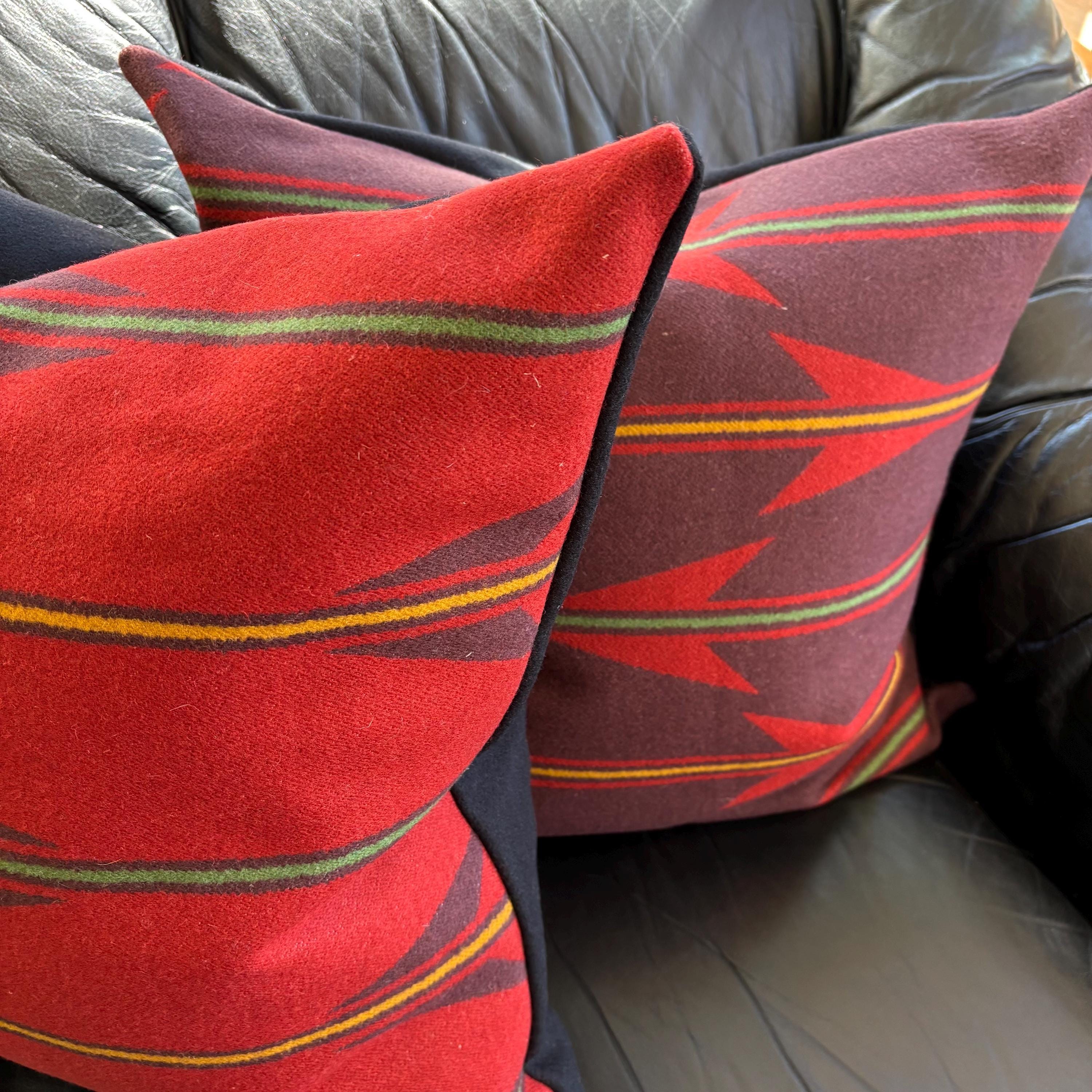 Handcrafted Red Striped Wool Pillow Cover: Leather Zipper Pull