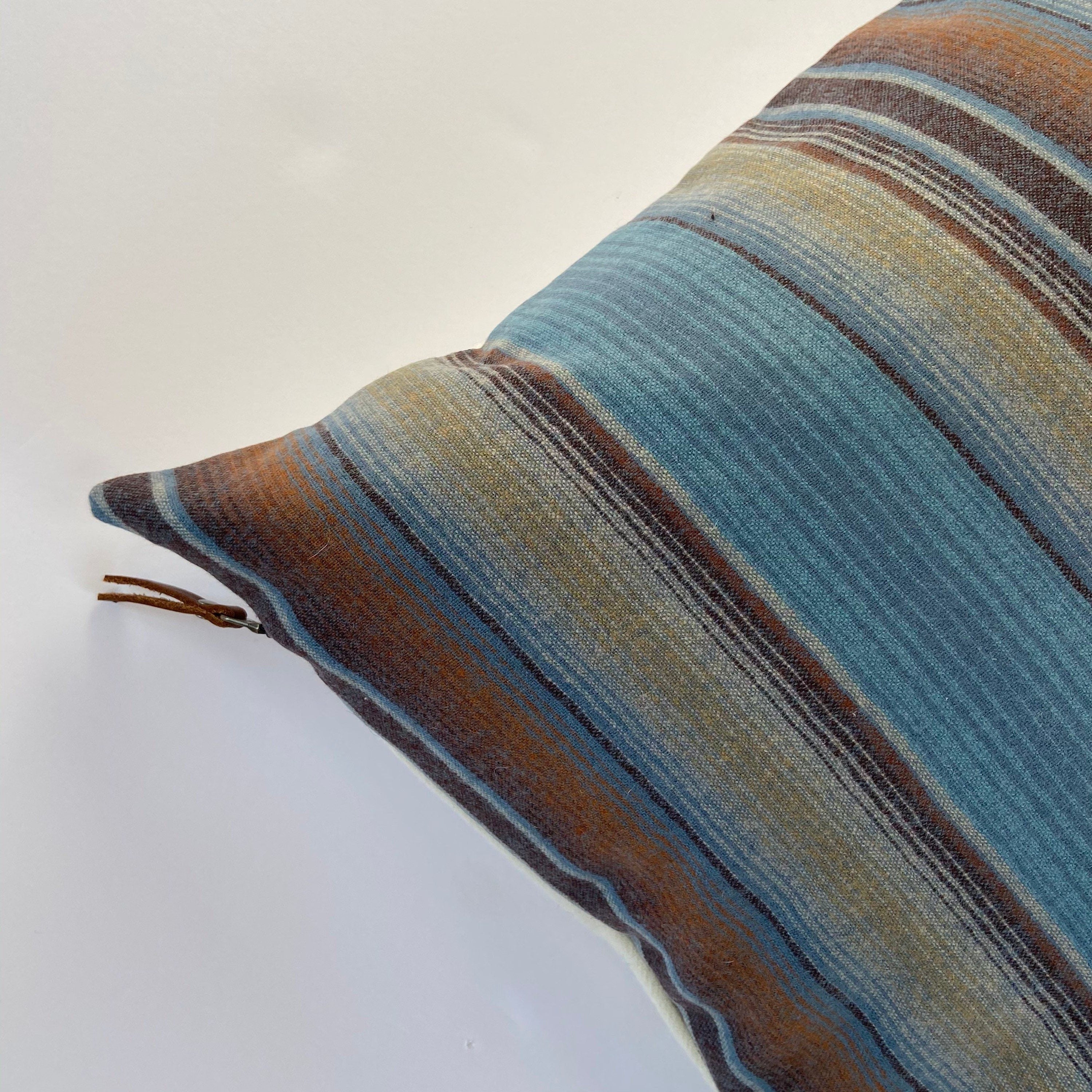 Striped wool pillow cover blues browns handmade with exposed zipper-leather pull 20x20 14x24 Handcrafted by misa