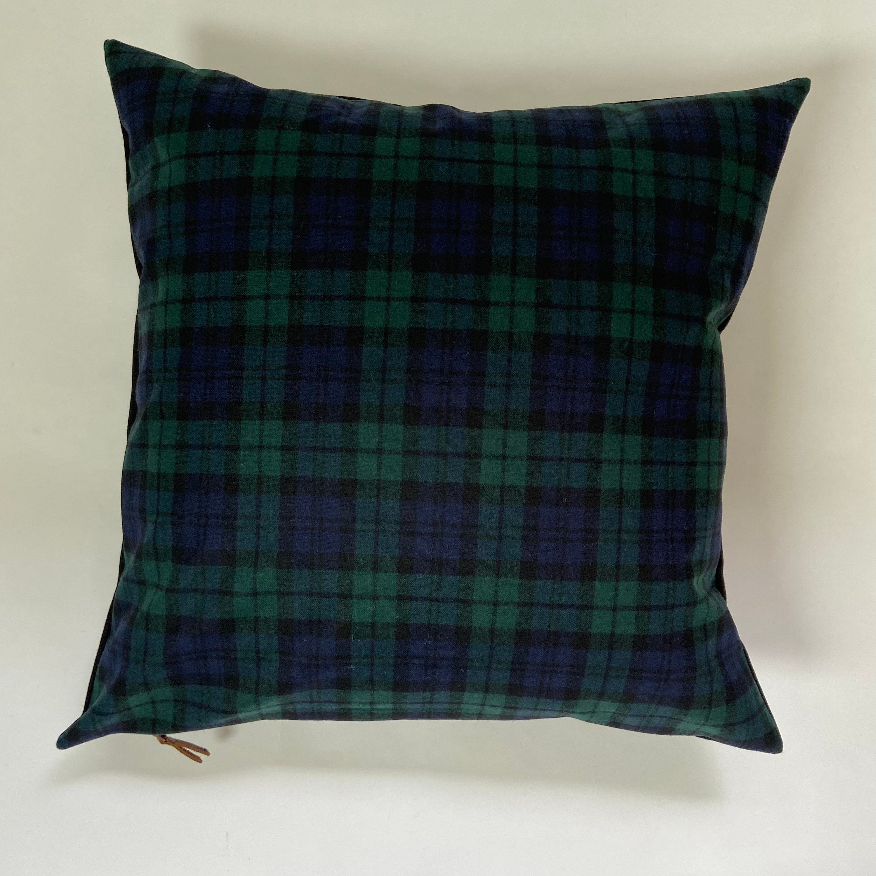 Handcrafted Navy & Green Plaid Wool Pillow Cover with Leather Pull