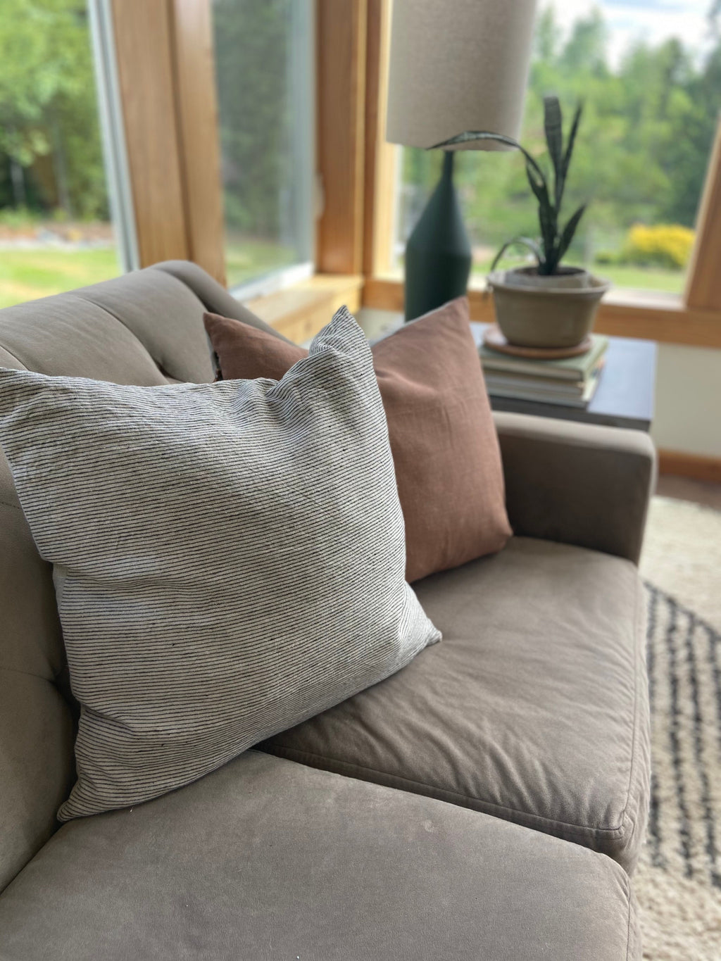Striped Linen Pillow Cover: Black & Tan with Leather Zipper Pull