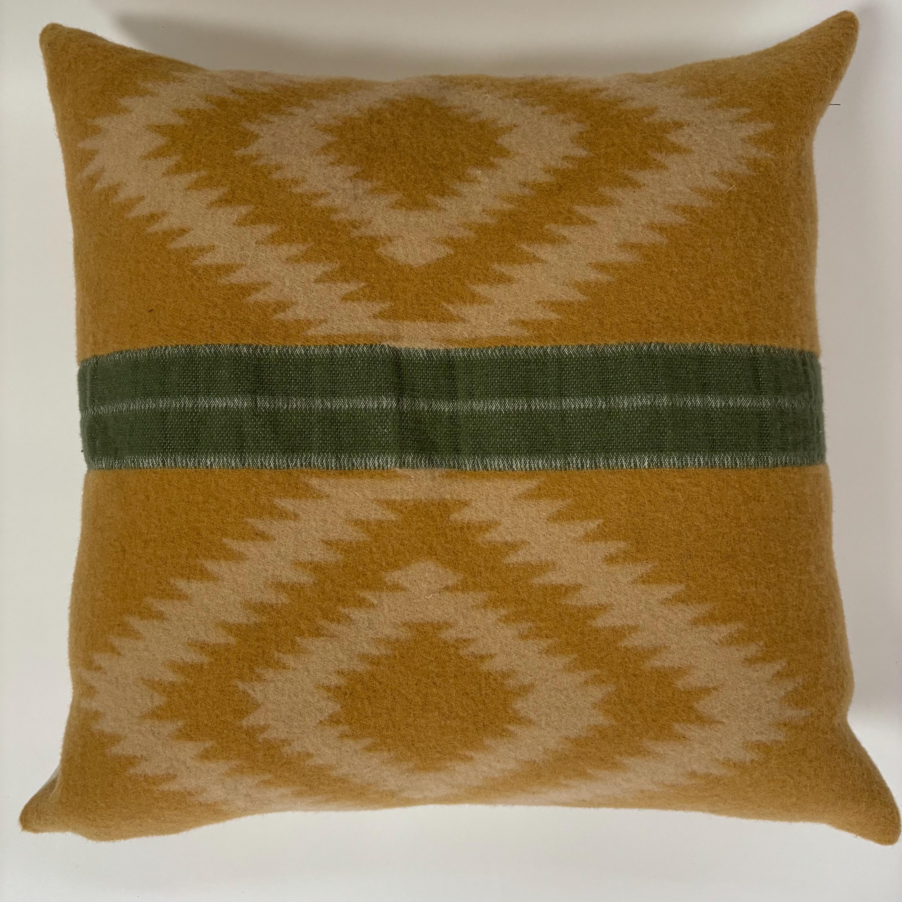 Gold and Green Wool Pillow Cover: Aztec Southwestern Design, Leather Pull (18x18”)