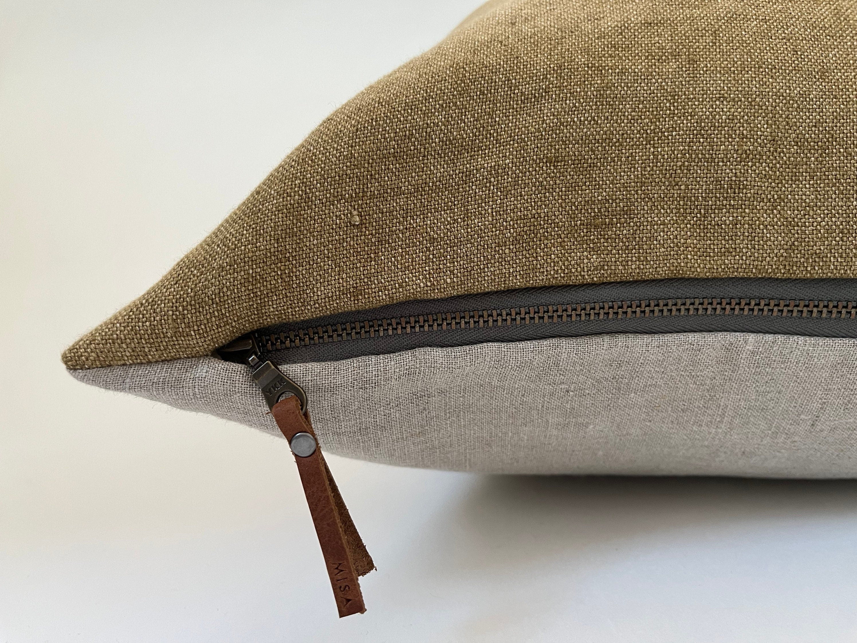 Gold with brown striped linen pillow cover 100% linen pillow exposed zipper-leather pull 14x24 20x20 high quality housewarming gift