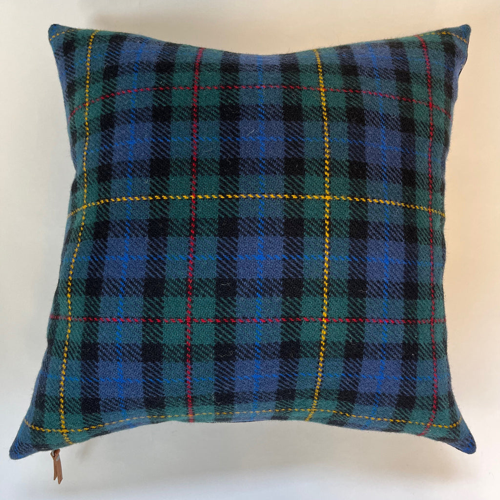 Navy plaid wool green and navy pillow cover exposed zipper-leather pull 18" Handcrafted by misa housewarming gift