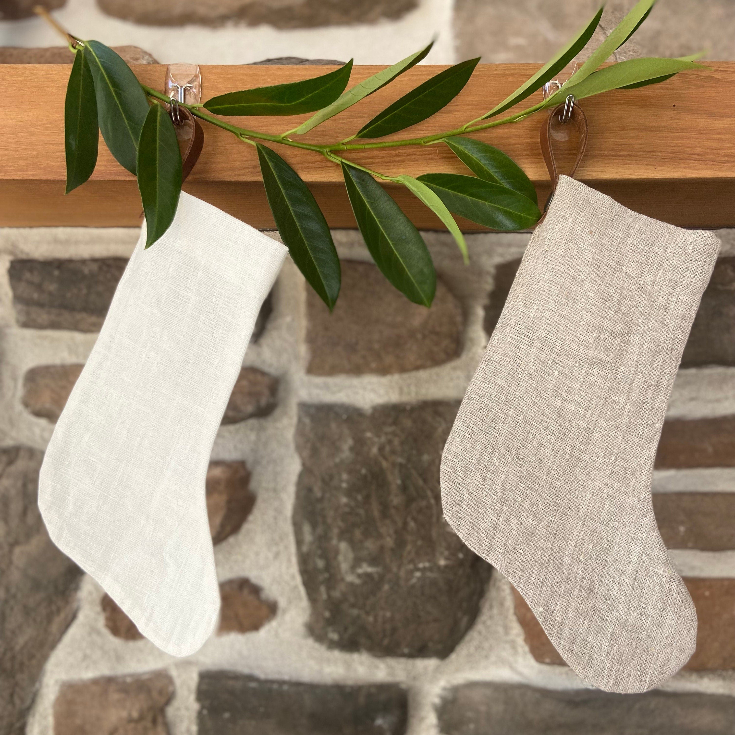 Christmas stocking Natural linen baby puppy kitten mini stocking leather hanging tabs handmade hand stitched High quality linen