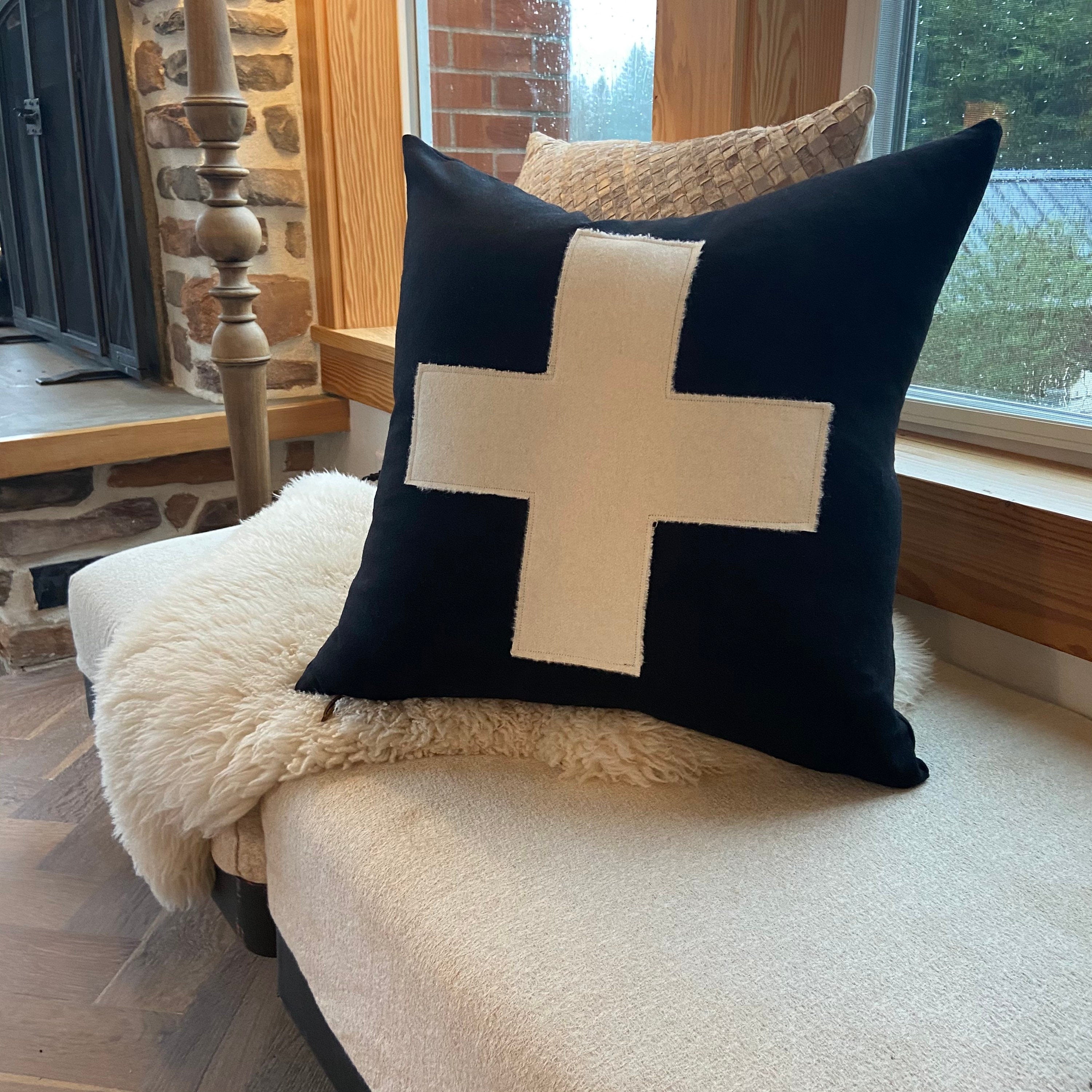 Swisscross pillow cover black with cream cross exposed zipper-leather pull 20x20 or 24x14 lumbar made with black wool