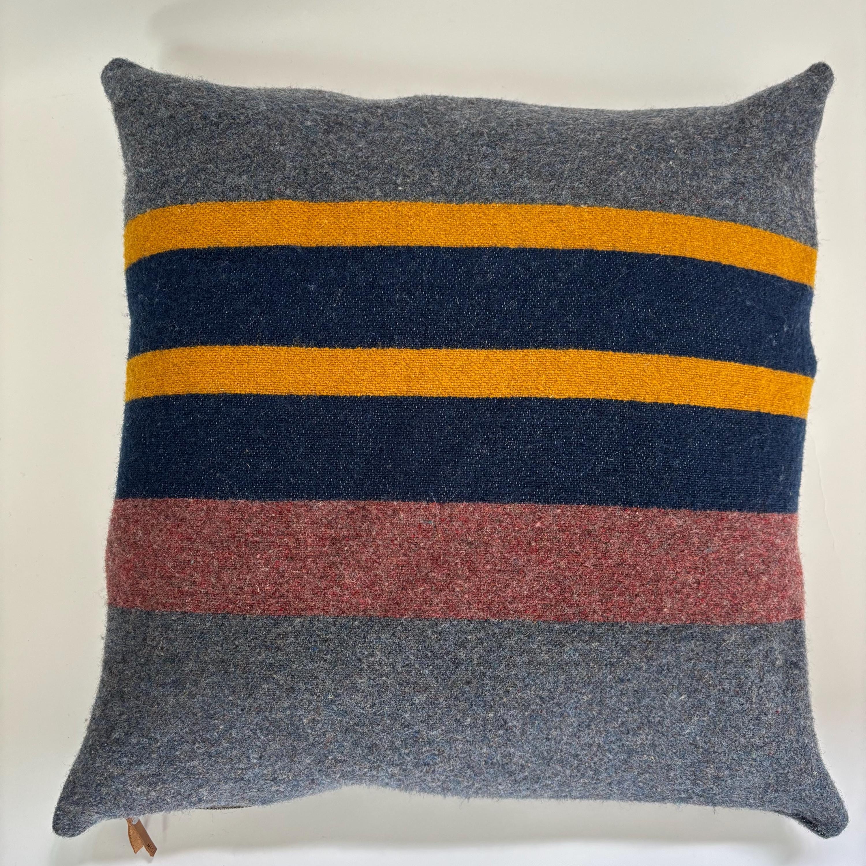 Striped wool throw Pillow blue and yellow with Leather Pull (20x20)