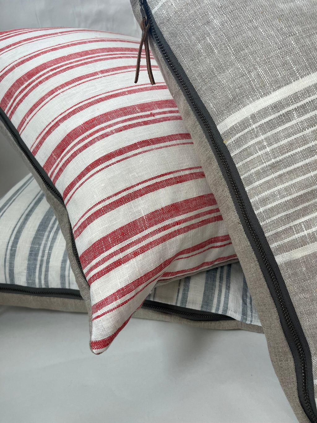 Red Striped Linen Pillow Cover: Exposed Zipper, Leather Pull (18x18)