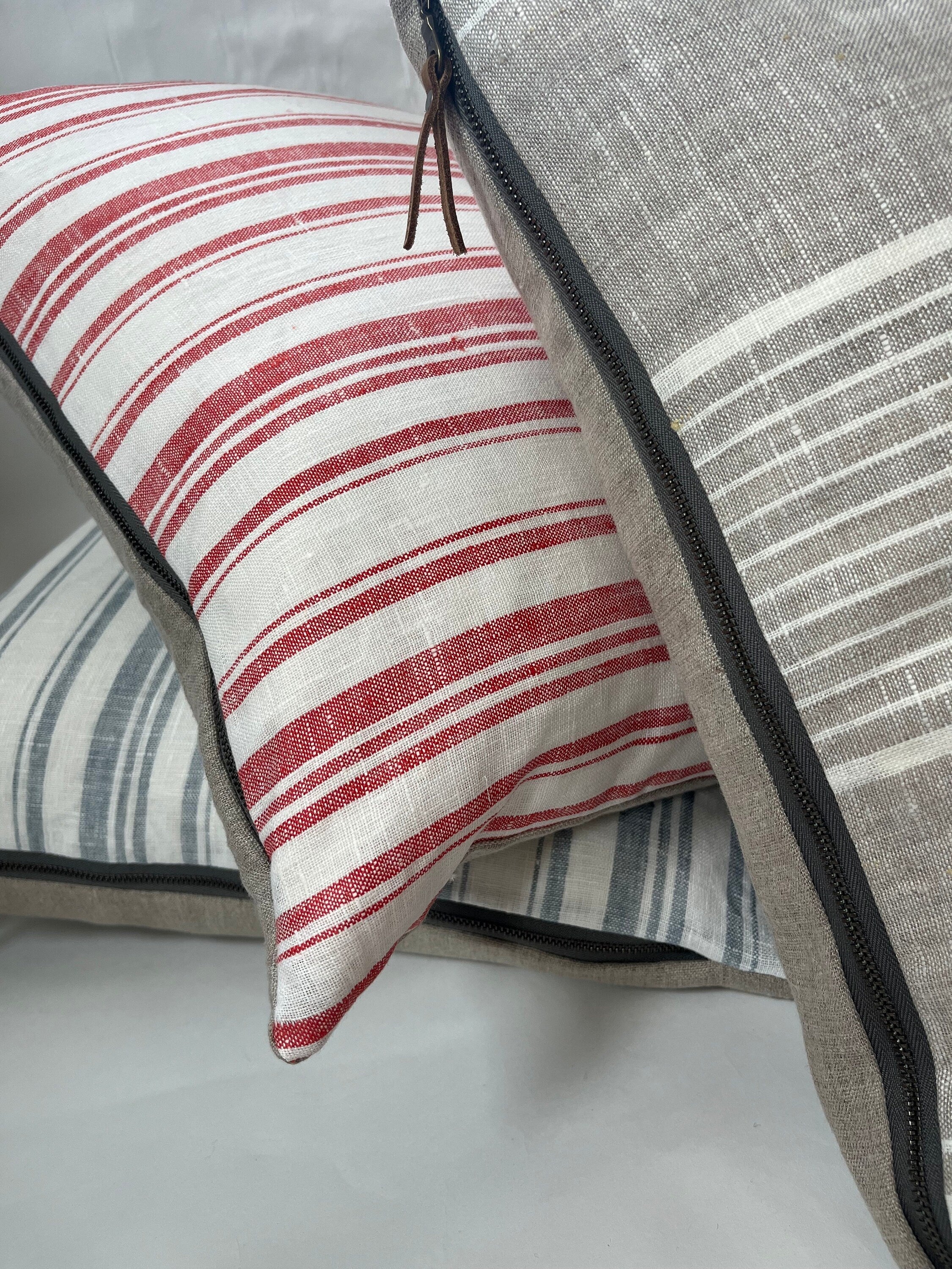 Red Striped Linen Pillow Cover: Exposed Zipper, Leather Pull (18x18)