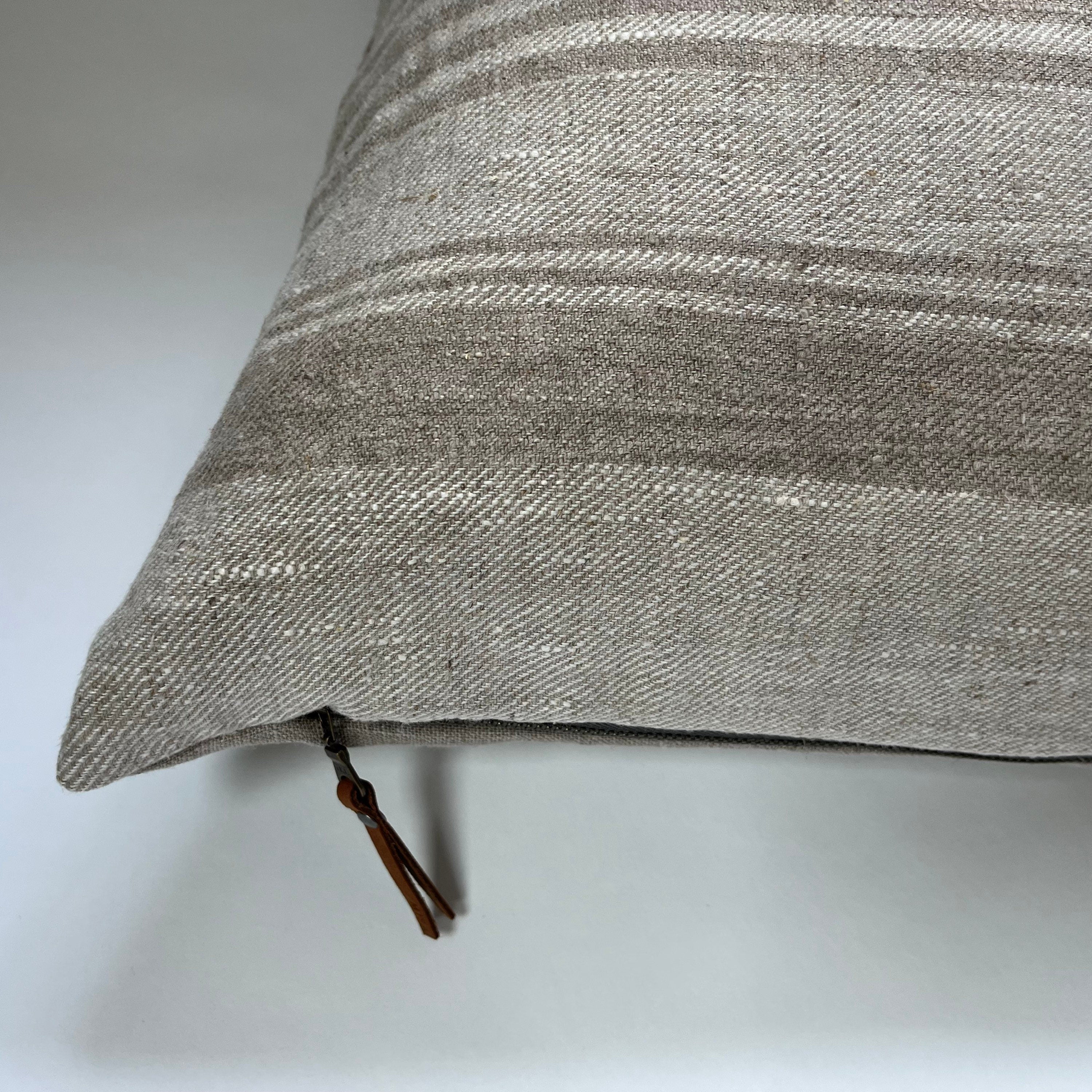 white and tan striped linen pillow cover exposed zipper-leather pull  20x20 22x22 24x24 14x24  high quality 100% linen housewarming gift