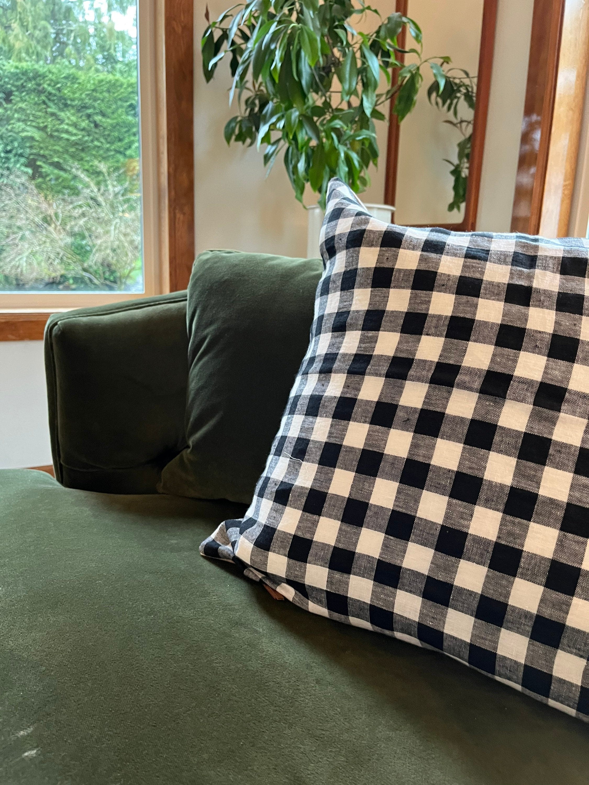 Black and white gingham plaid linen pillow exposed zipper checkered pillow leather pull 24” 20” 22" 14x24” 100% linen