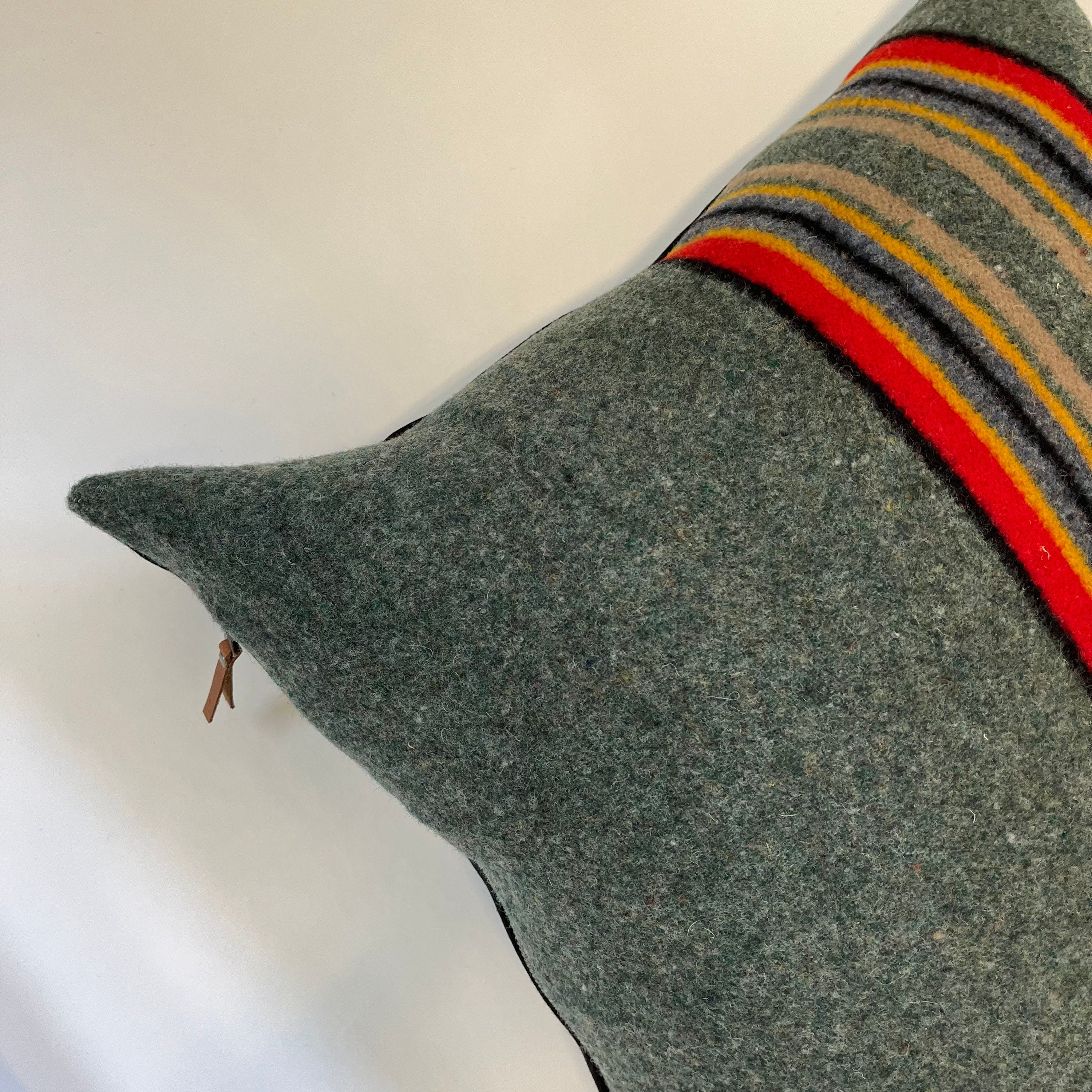 Multicolored striped wool pillow cover exposed zipper-leather pull 20”18”24” “Yakima camp” housewarming gift