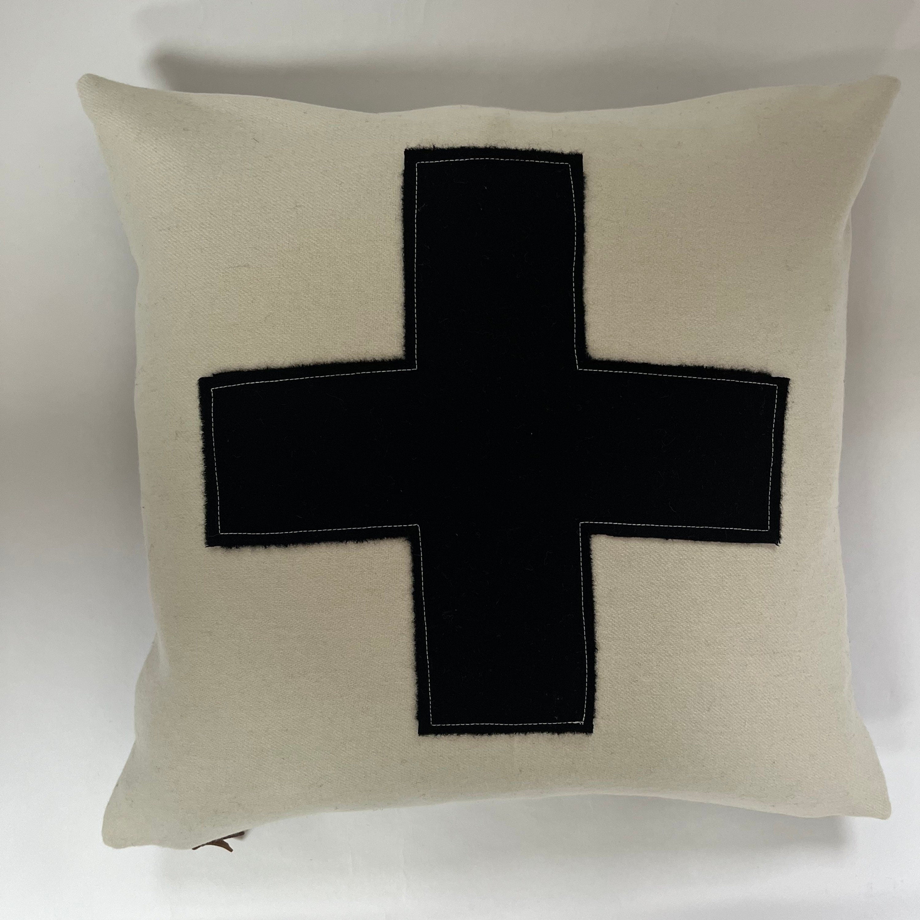 Swisscross wool pillow cover cream with black cross exposed zipper-leather pull 20x20 or 24x14 lumbar