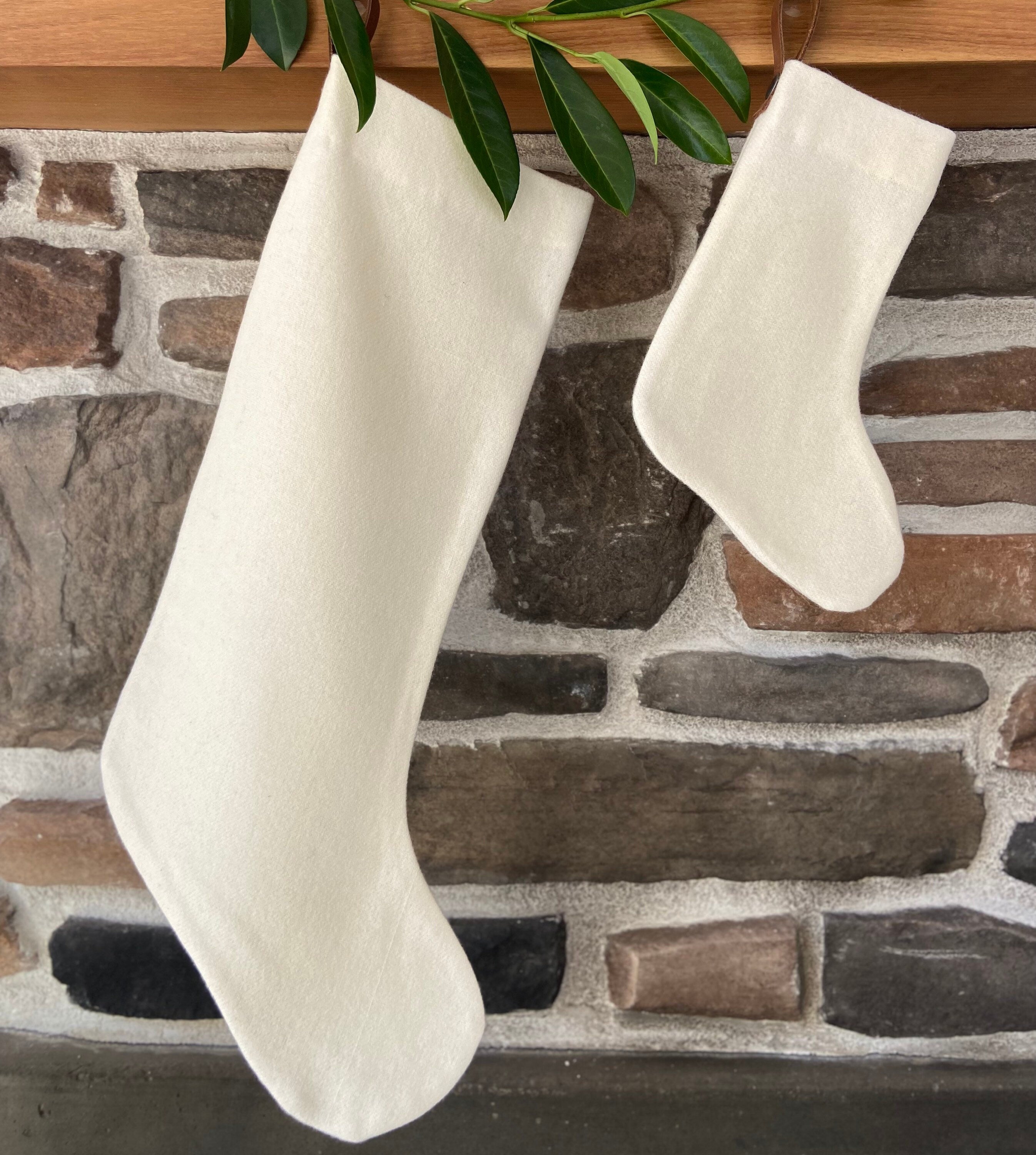 Christmas stocking cream wool baby puppy kitty mini stocking with leather hanging tabs  handmade