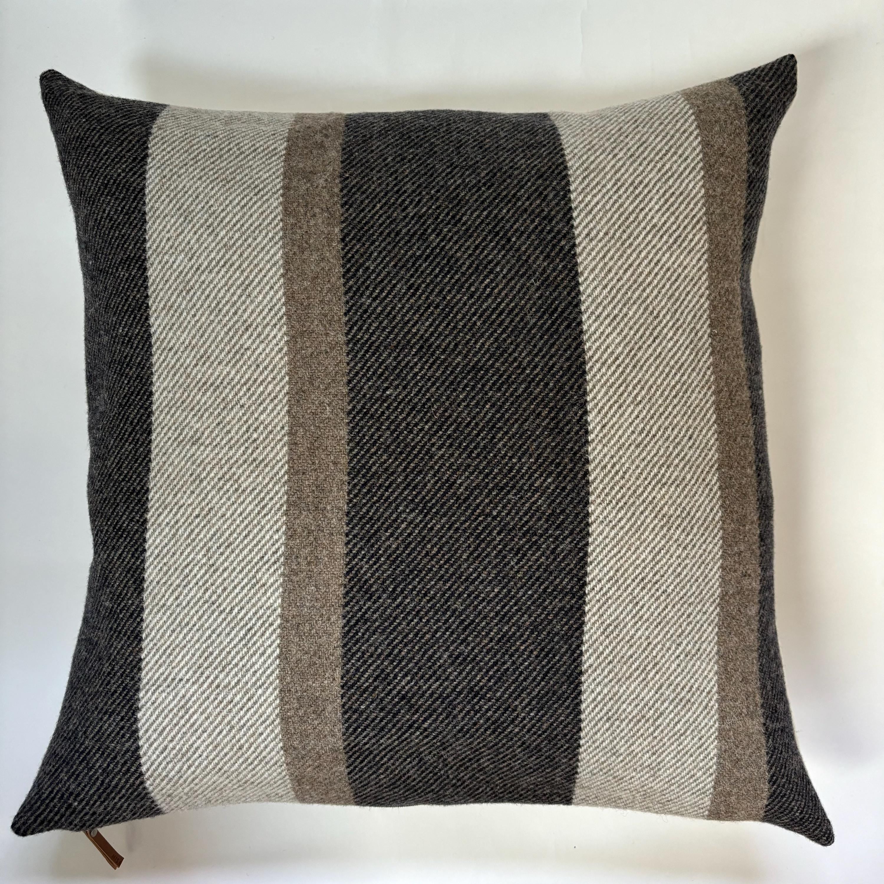 striped wool brown gray tan striped wool pillow cover exposed zipper-leather pull 14x24" 20"22"24"   handcrafted by misa