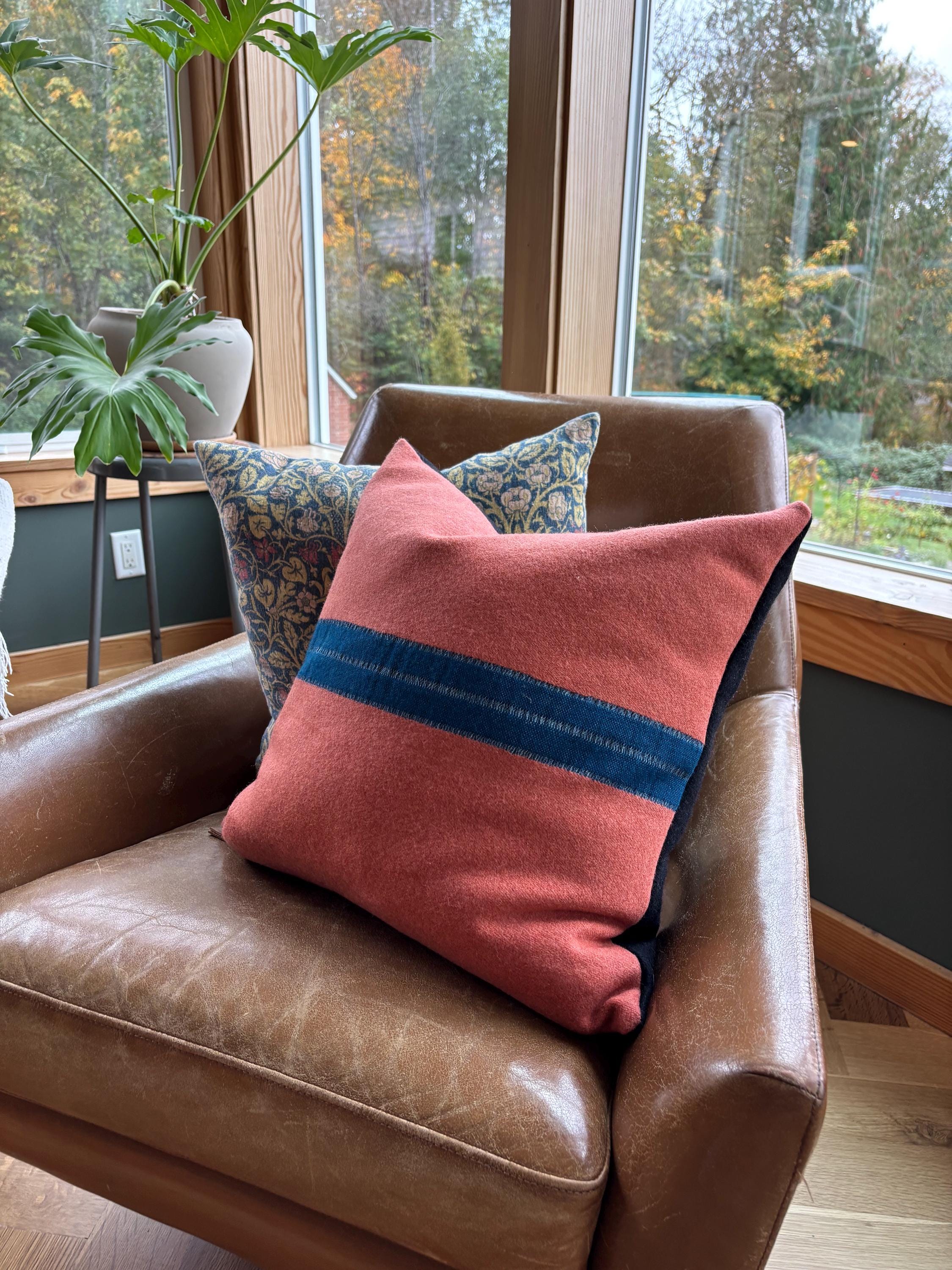 Wool coral pillow with blue stripe 18x18 exposed zipper striped pillow housewarming gift winter gift