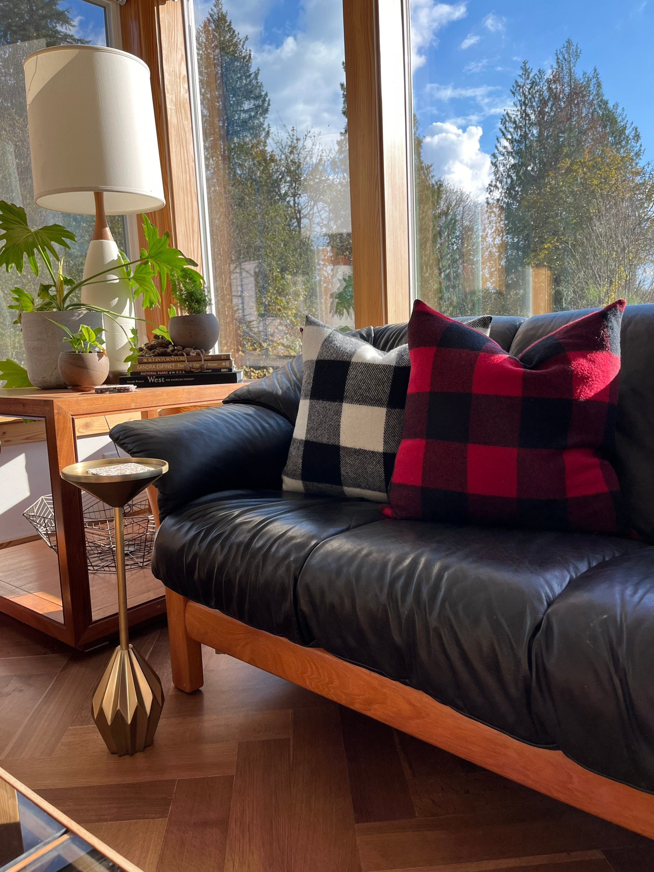 Red Black buffalo plaid pillow cover exposed zipper-leather pull  20x20 14x24 handmade wool Handcrafted by misa housewarming gift