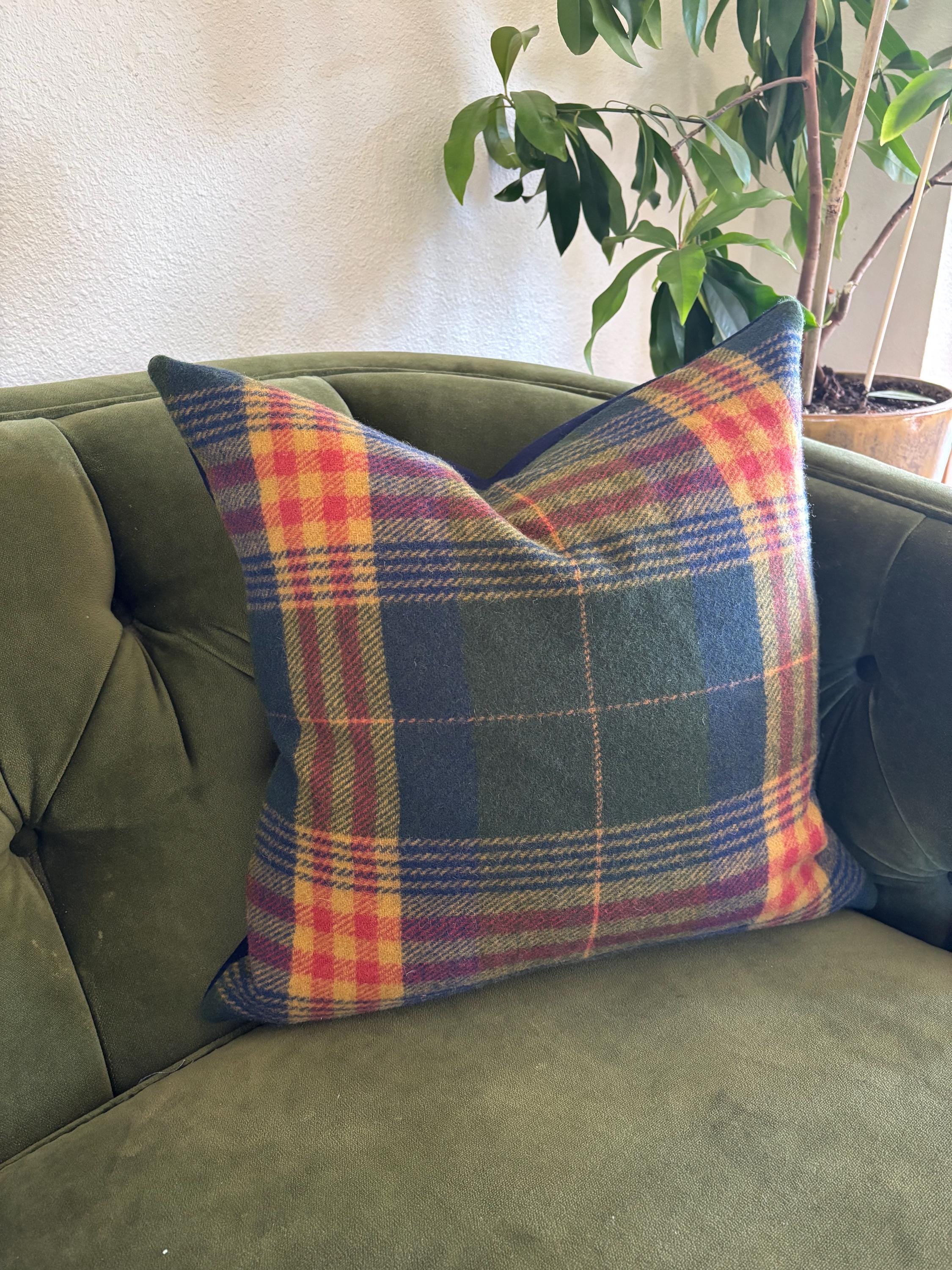Wool Pillow Cover: Blue Gold Red Plaid, Leather Pull