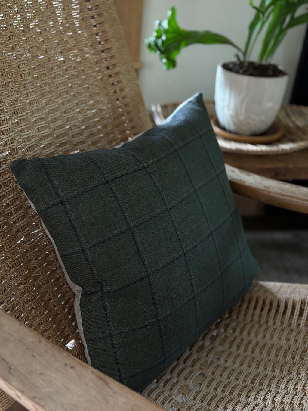 Plaid Linen Pillow Cover: Green and dark checked with Leather Zipper Pull housewarming gift 18”20”22”24” 100 percent linen