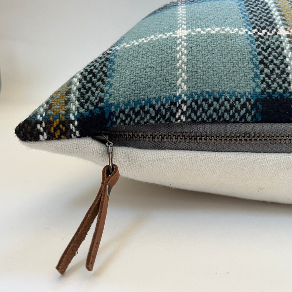 Blue black and gold plaid wool pillow cover exposed zipper-leather pull  24"22”20"14x24" handmade
