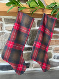 wool plaid green and red christmas stocking leather hanging tabs handmade