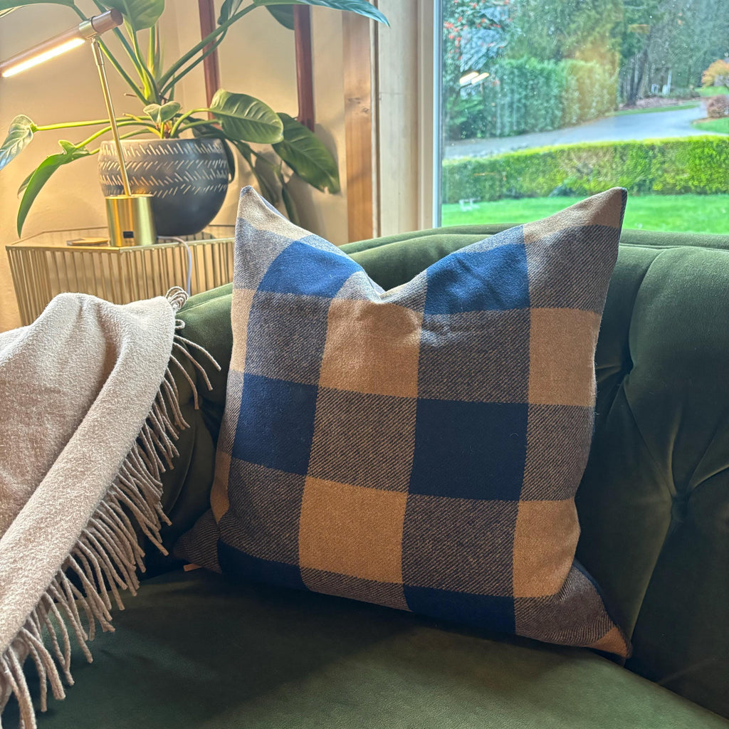 Wool Pillow Cover: Brown Blue Plaid with Leather Zipper Pull