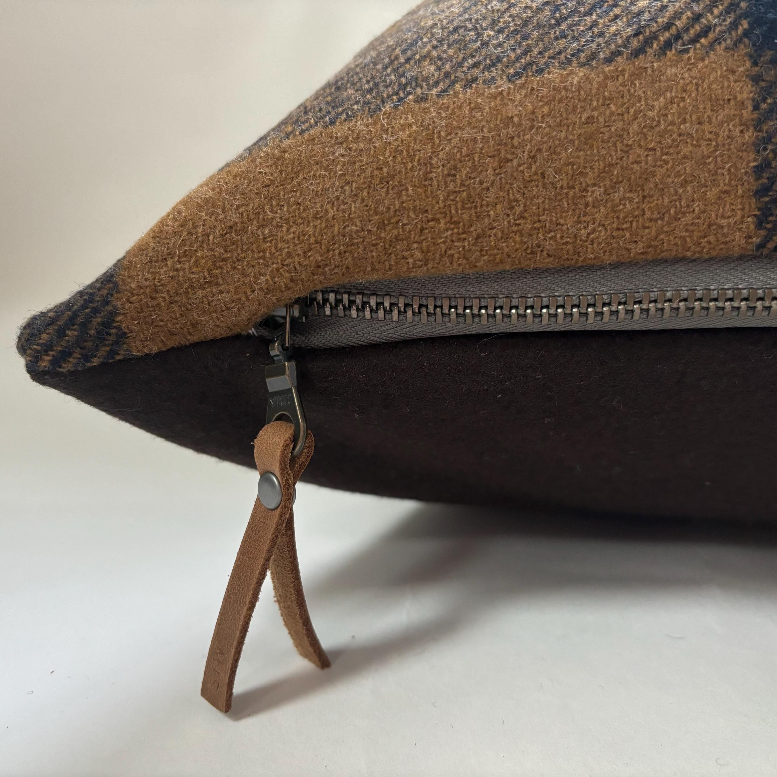 Wool Pillow Cover: Brown Blue Plaid with Leather Zipper Pull