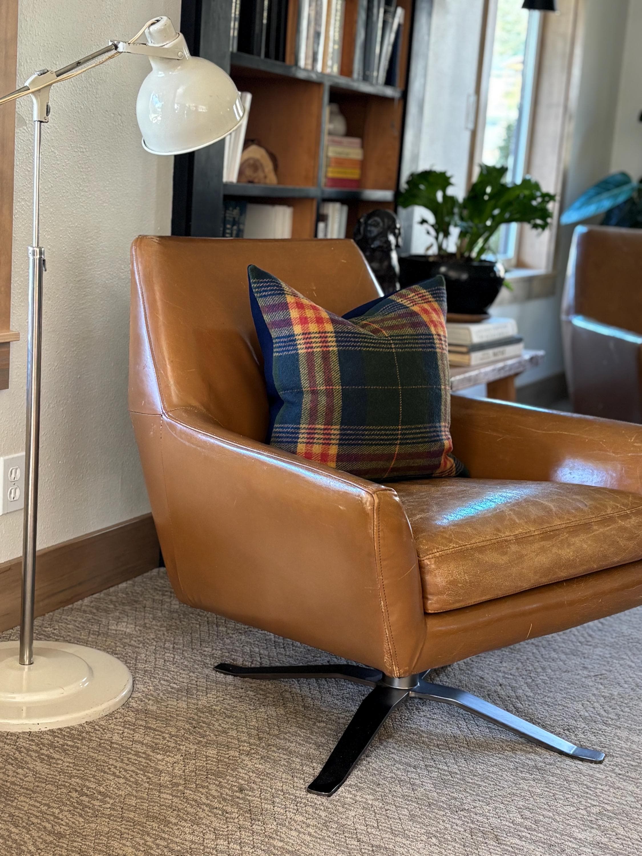 Wool Pillow Cover: Blue Gold Red Plaid, Leather Pull