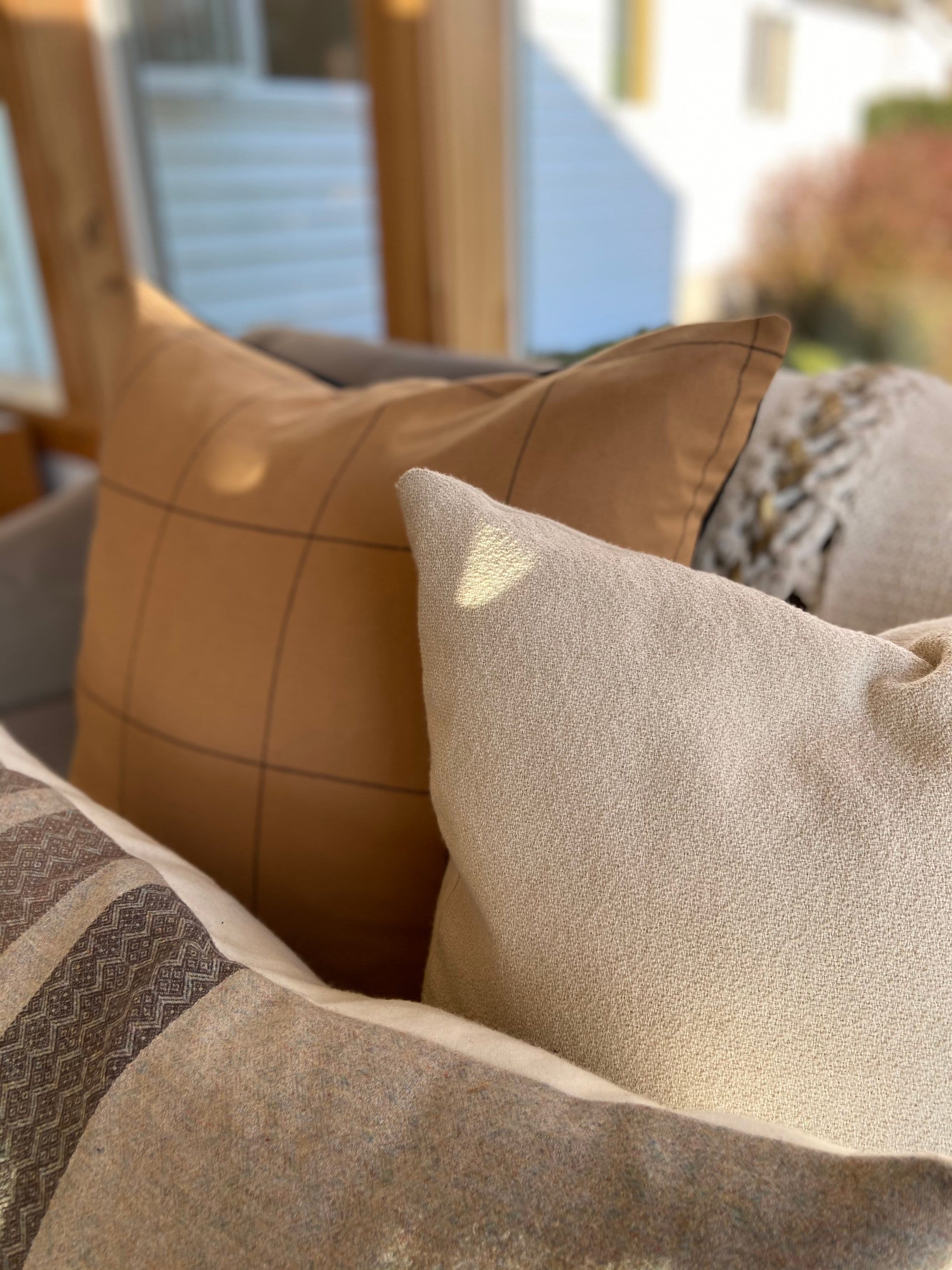 Black blue cream plaid wool pillow cover exposed zipper-leather pull 20"22" 24"14x24" handmade