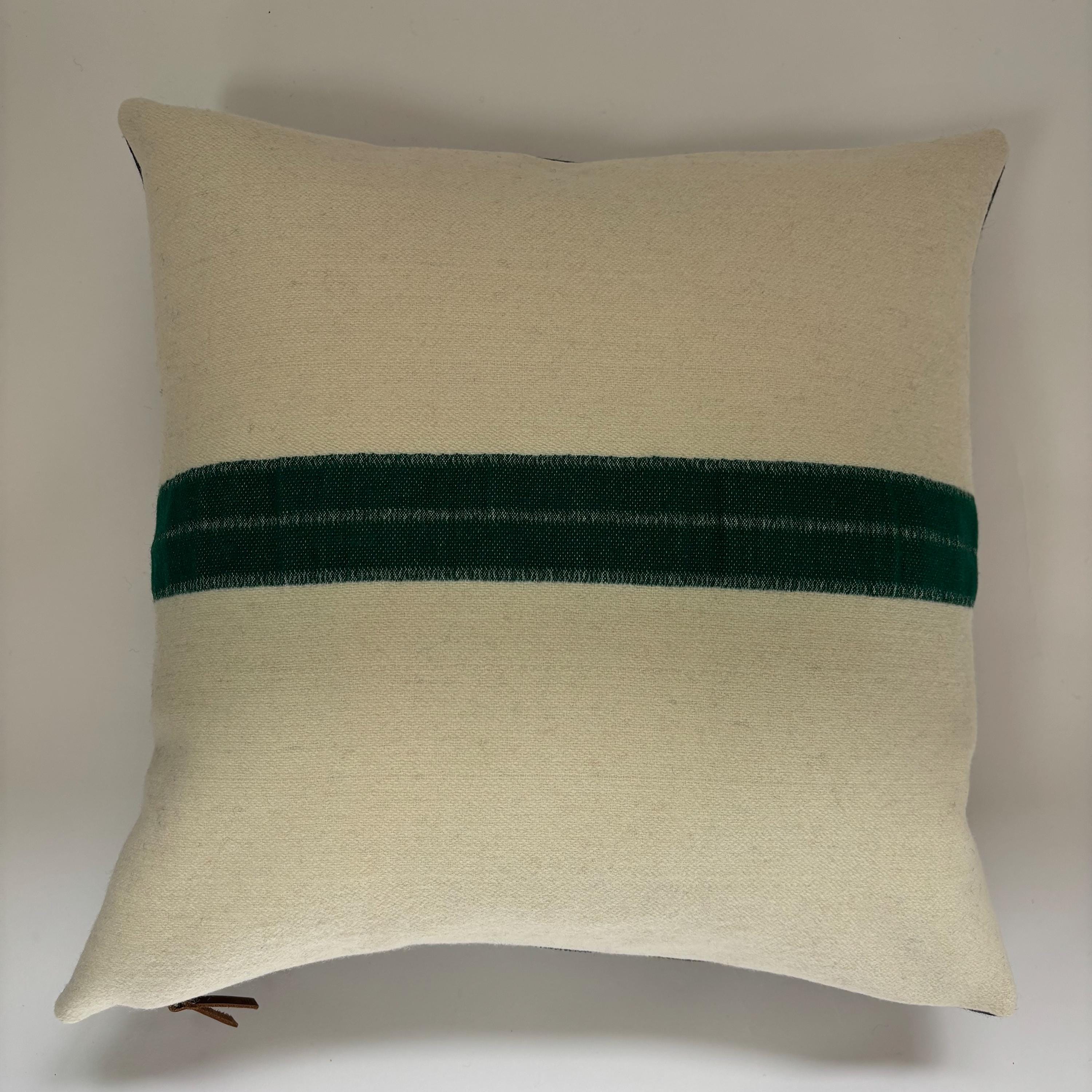 Handcrafted Cream Wool Pillow: Green Stripe, Leather Zipper Pull