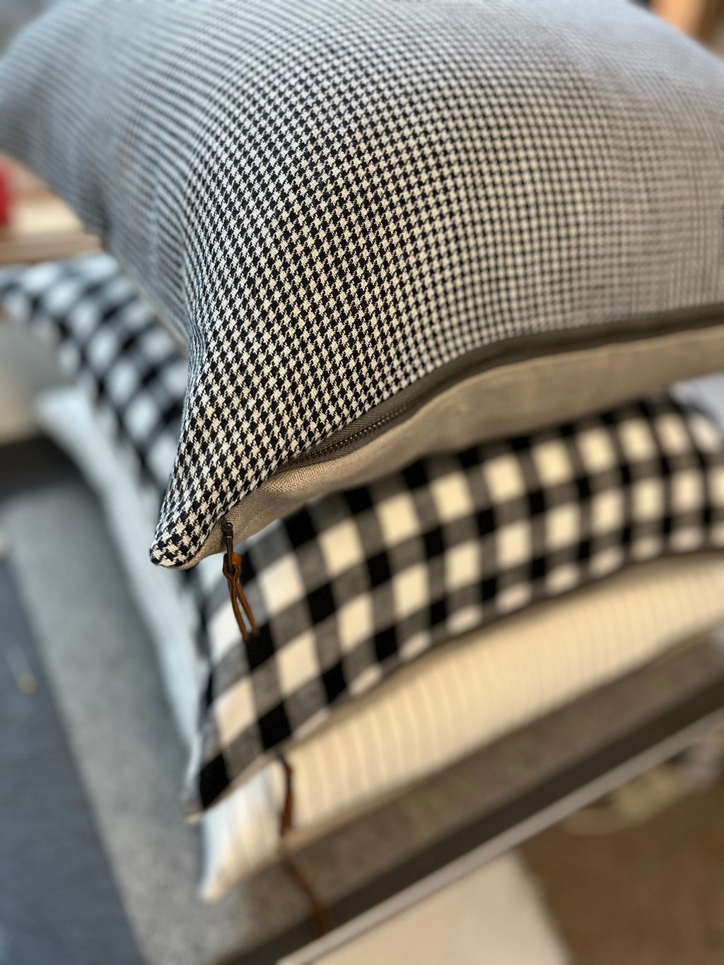 Black and white plaid linen pillow window pane exposed zipper checked pillow 24”20”22"14x24” 100% linen housewarming gift