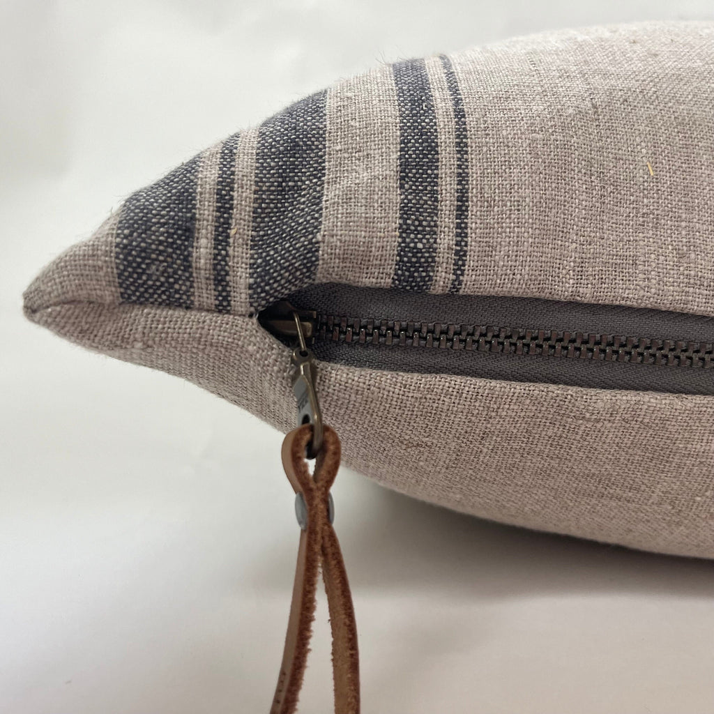 Striped Linen Pillow Cover: Charcoal Gray, Leather Pull - 18x18