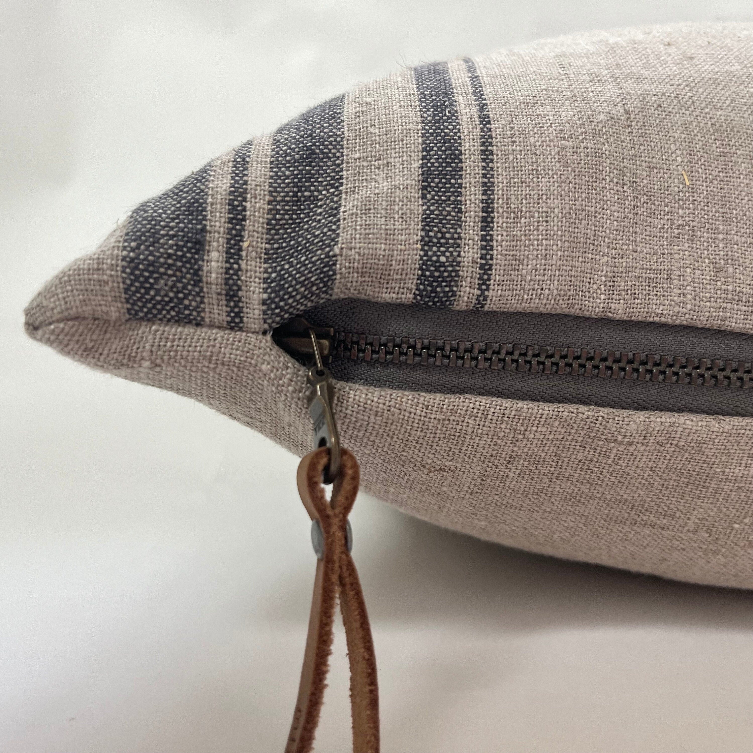 Striped Linen Pillow Cover: Charcoal Gray, Leather Pull - 18x18