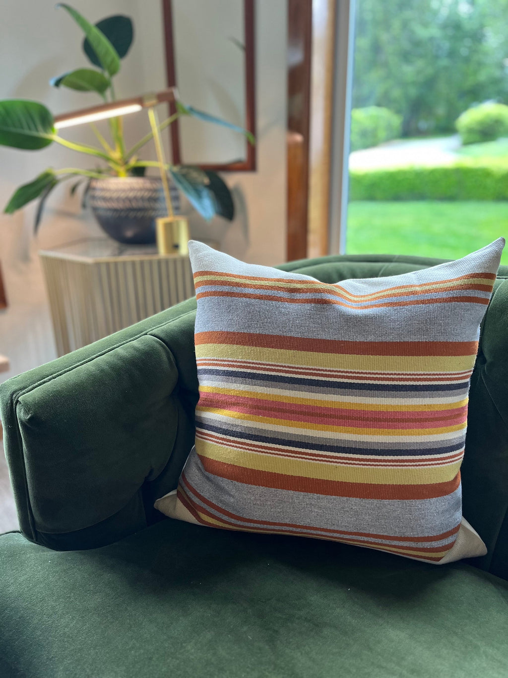 Striped Wool Pillow Cover: Orange and Summer Colors, Leather Pull