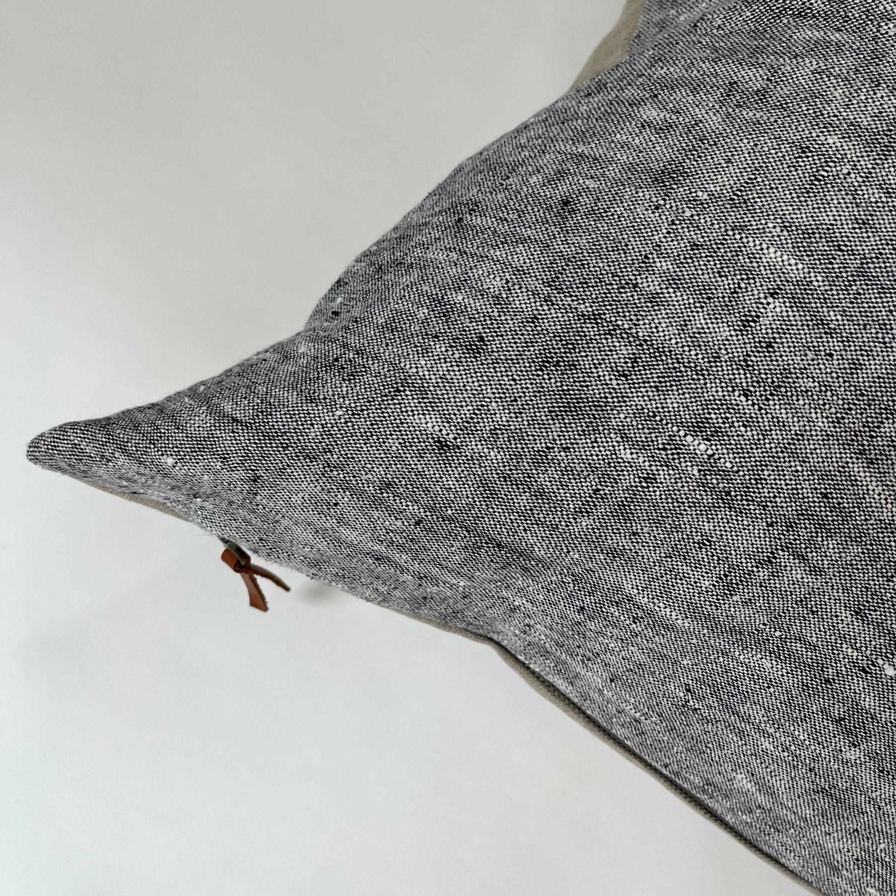 Black and white textured linen pillow cover exposed zipper-leather pull 14x24 20” 22” 24” 100% linen housewarming gift