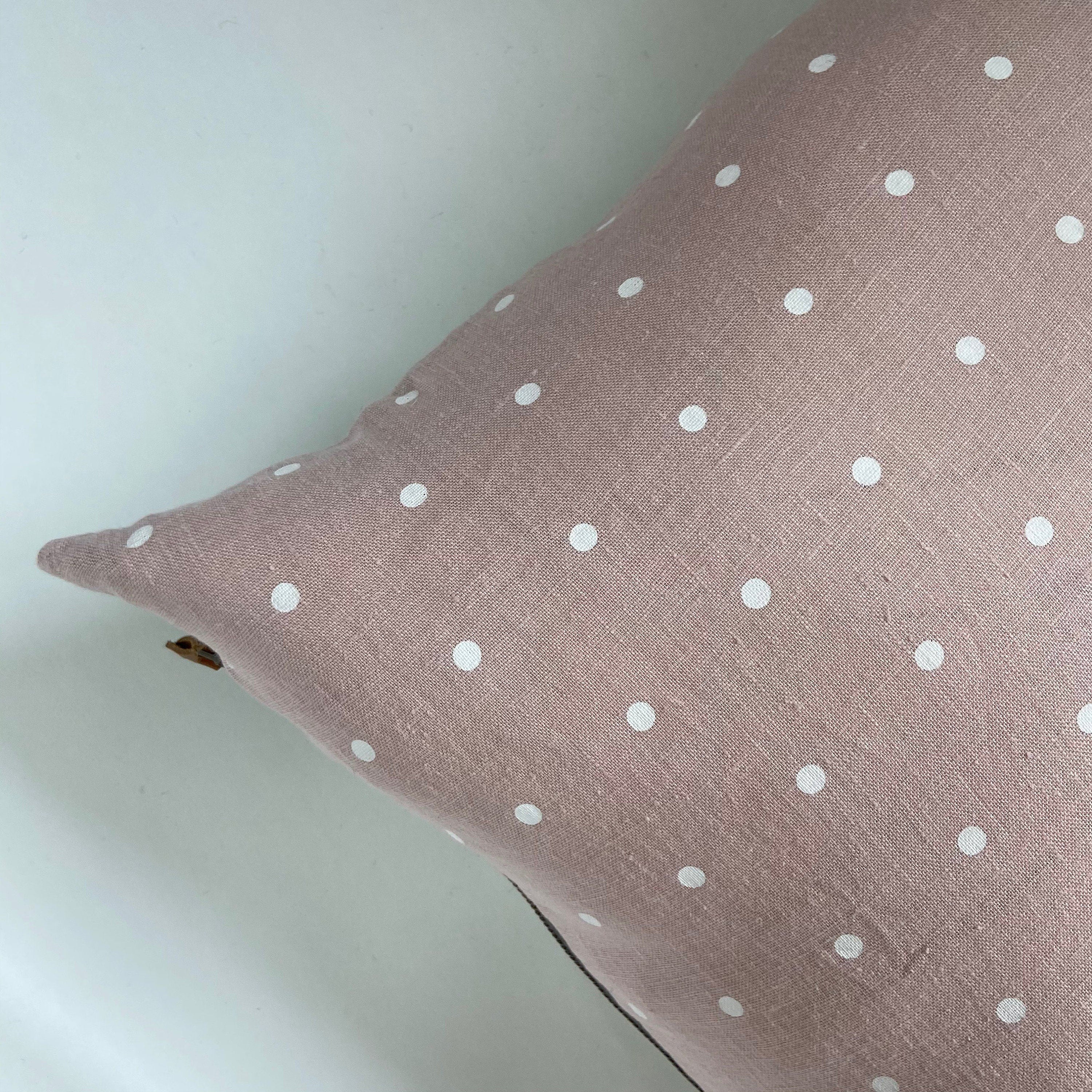 Pink pillow linen polka dot pillow girls pillow linen pillow linen backing exposed zipper-leather pull 20”22"24"14x24” housewarming