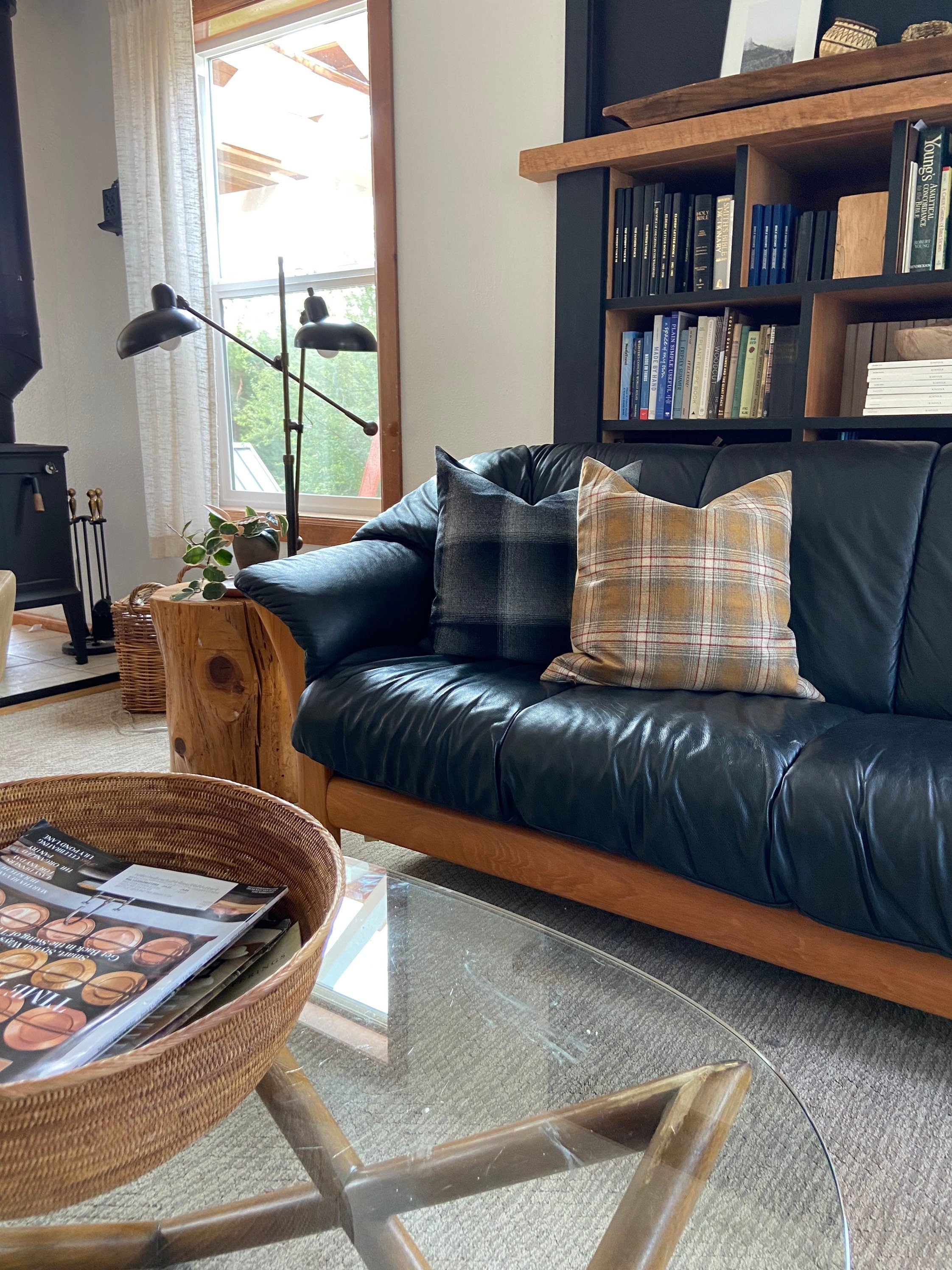 Black and white plaid wool pillow cover exposed zipper-leather pull 24"20" handmade  housewarming gift