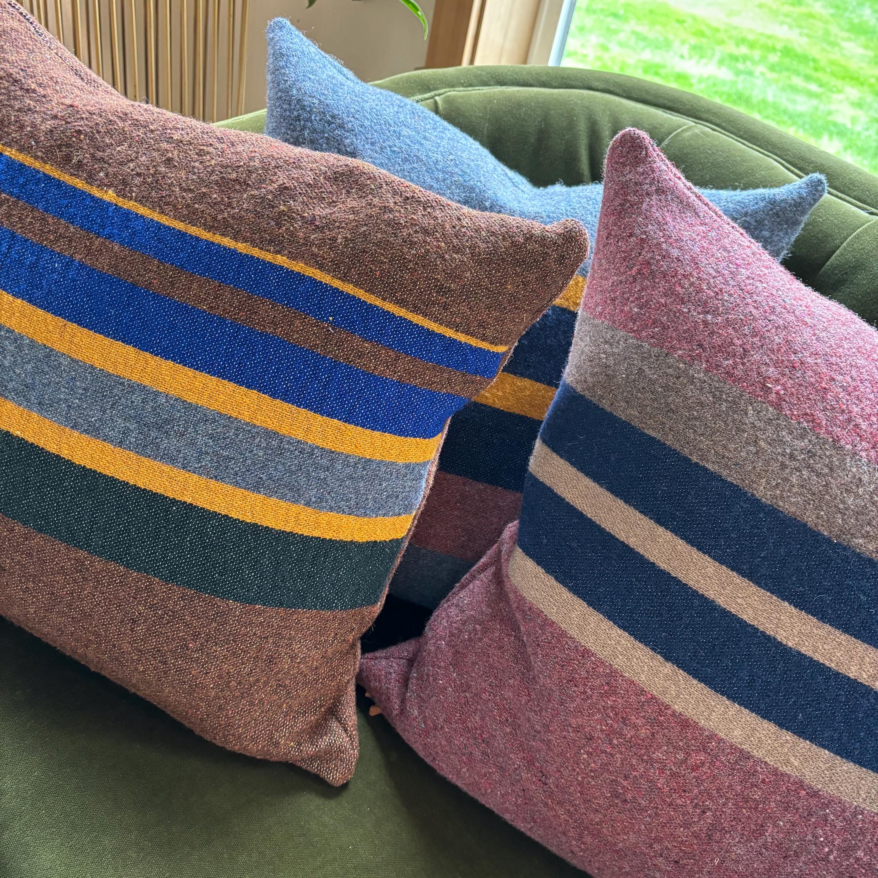 Striped Wool Pillow Cover: Brown, Blue, Yellow striped (18")