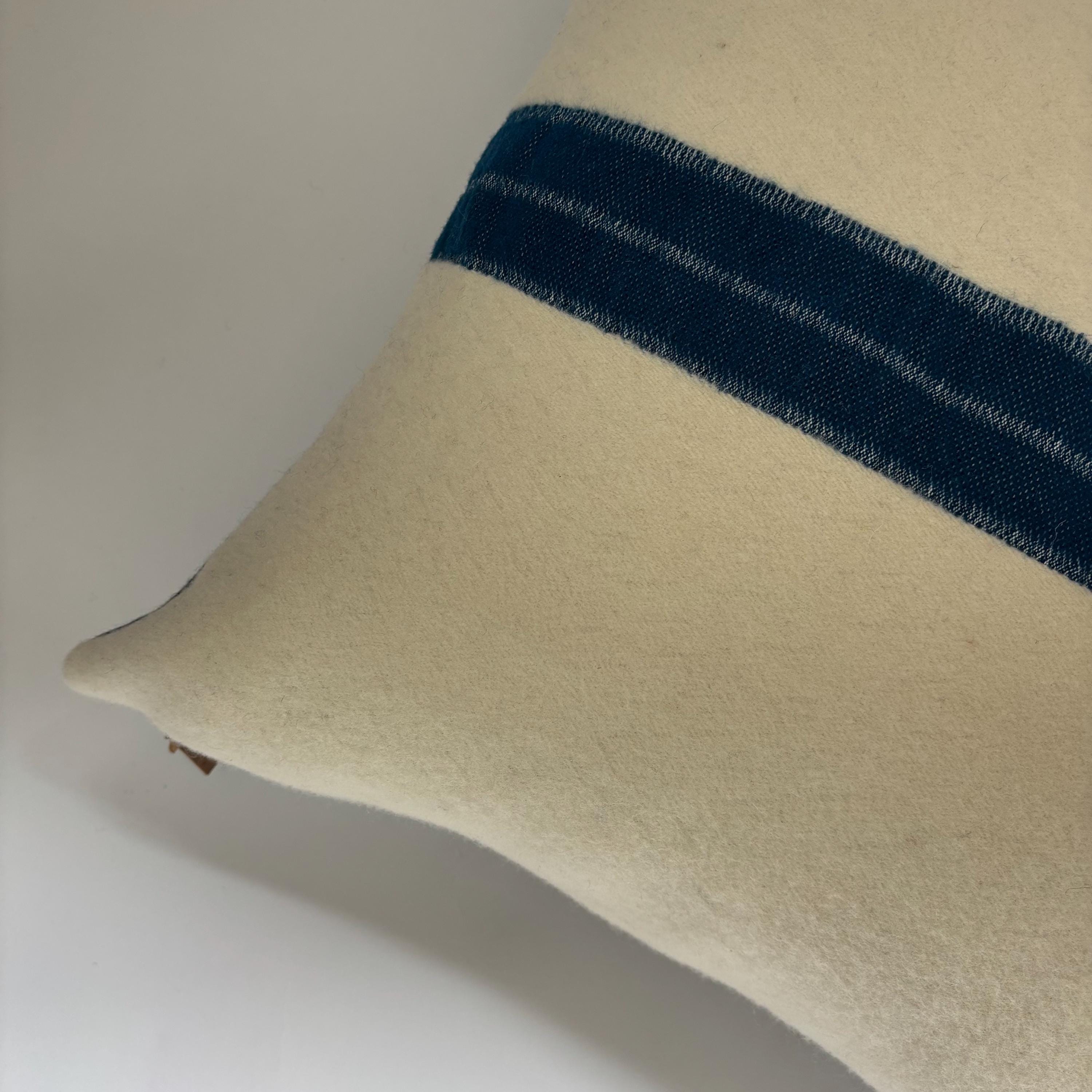 Handcrafted Cream Wool Pillow: Turquoise Stripe, Leather Zipper Pull
