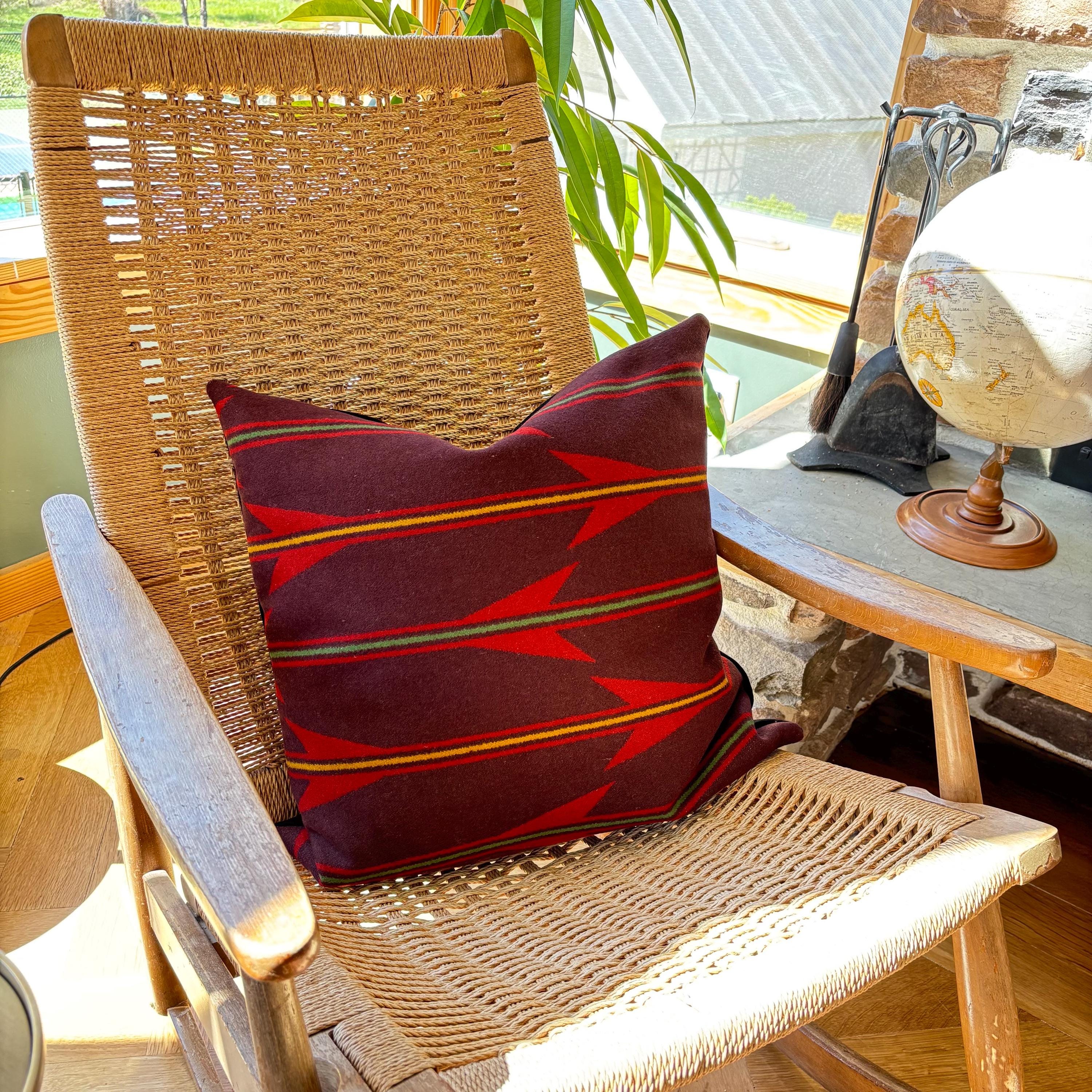 Maroon Striped wool throw Pillow with Leather Pull