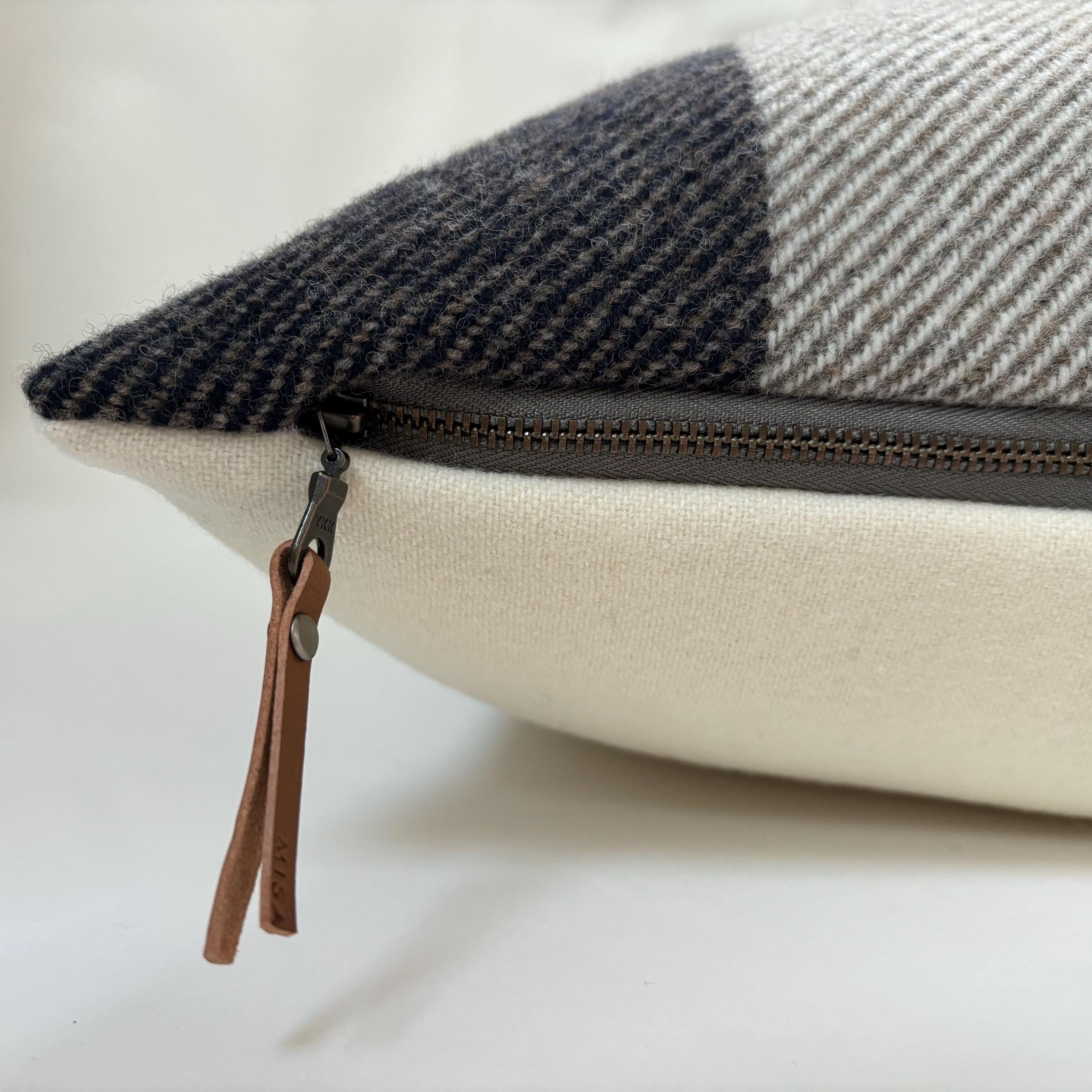 striped wool brown gray tan striped wool pillow cover exposed zipper-leather pull 14x24" 20"22"24"   handcrafted by misa