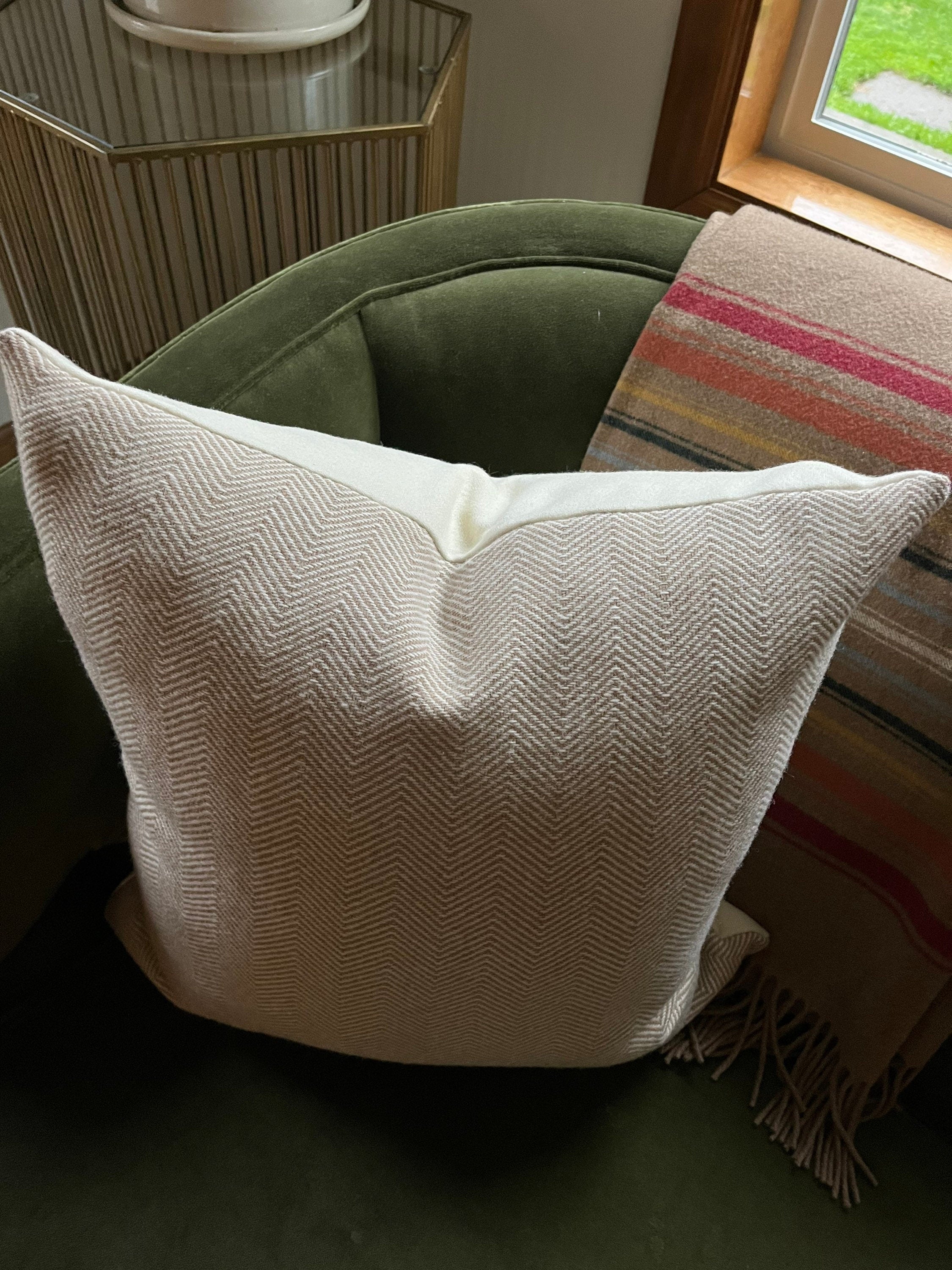 Tan and cream herringbone wool pillow cover exposed zipper-leather pull 20x20 22x2214x24 24x24 handmade Handcrafted by misa