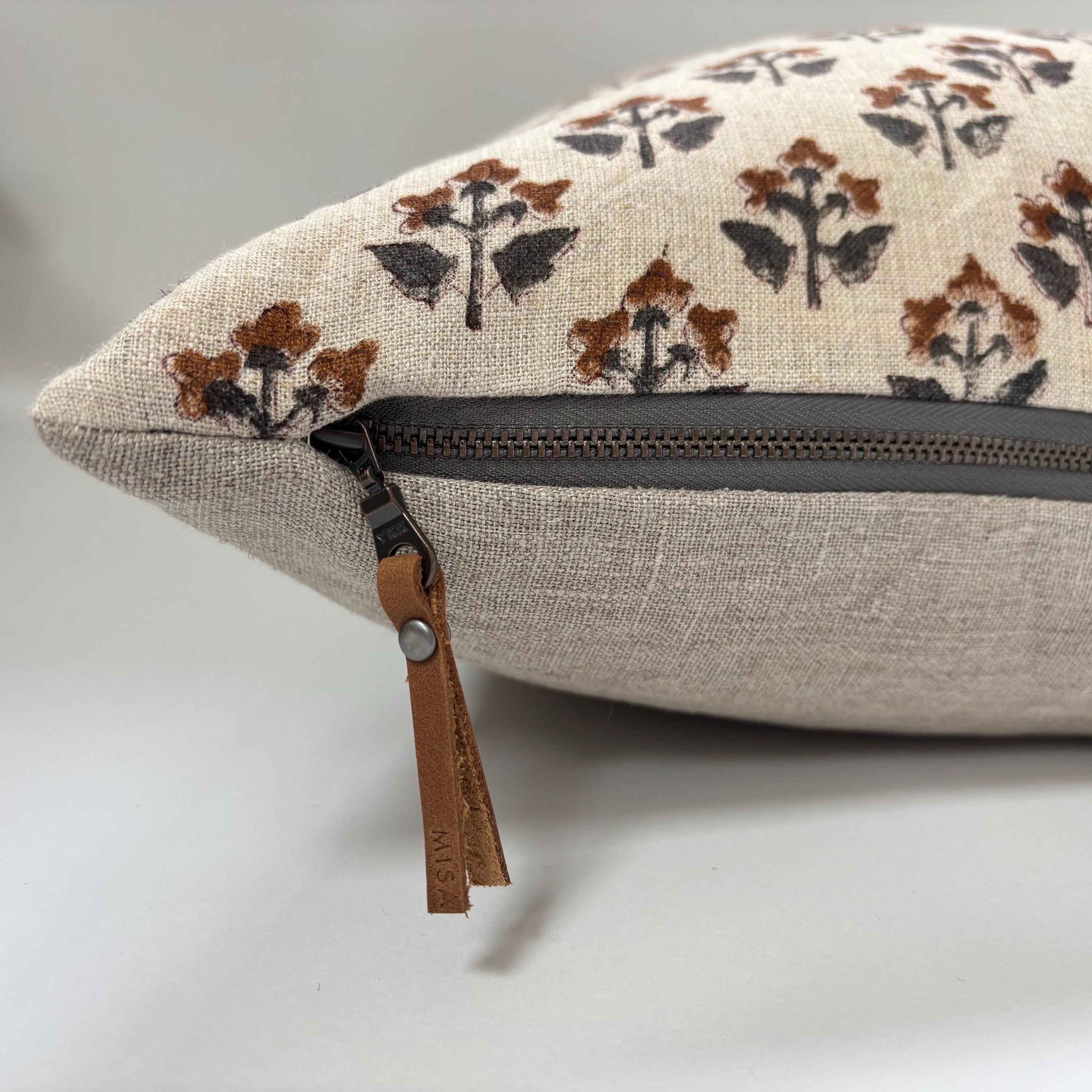 Floral Linen Pillow Cover: Gray Brown Print, Leather Zipper Pull