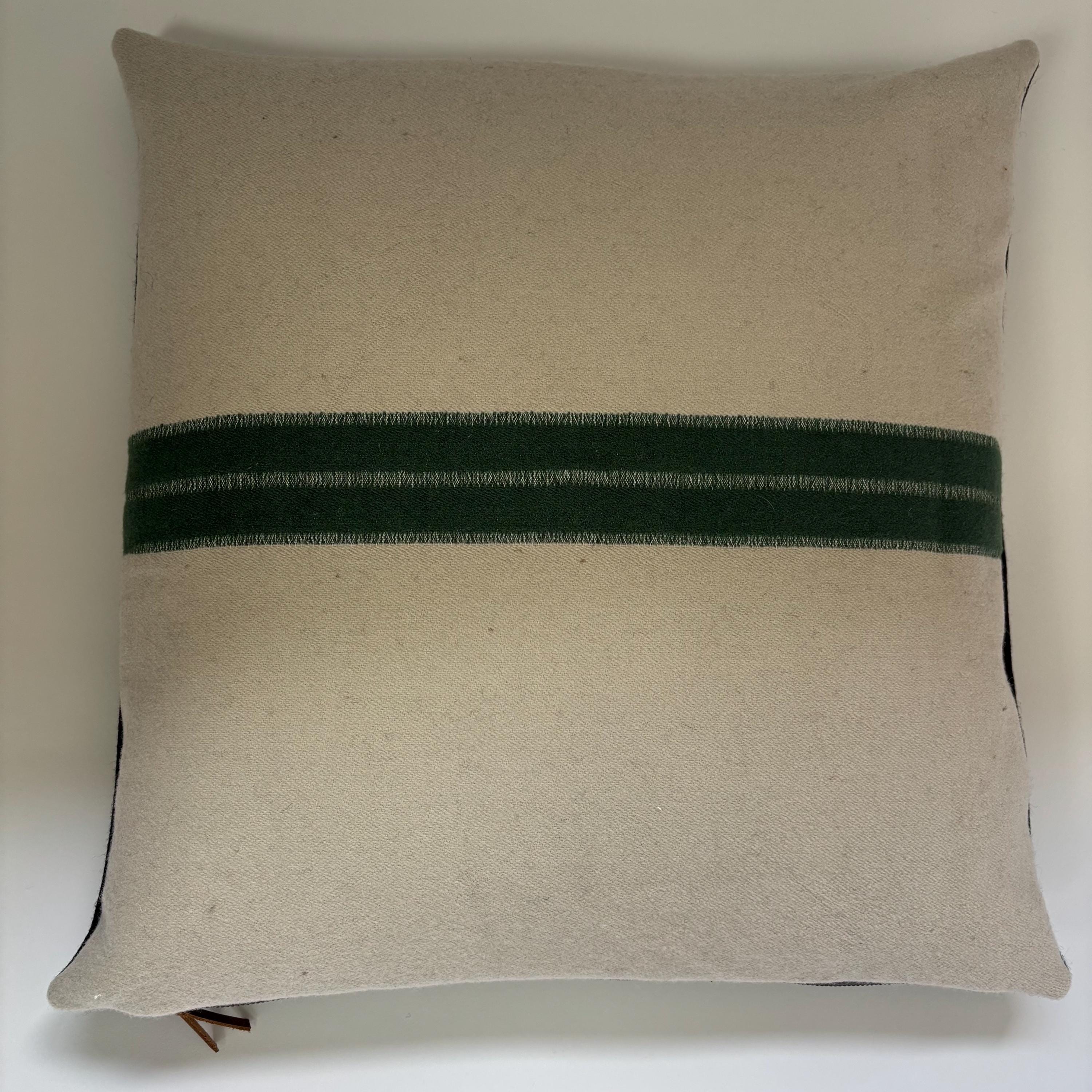 Gray wool pillow with green stripe 20” winter wool exposed zipper striped pillow housewarming gift