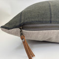 Plaid Linen Pillow Cover: Green and dark checked with Leather Zipper Pull housewarming gift 18”20”22”24” 100 percent linen