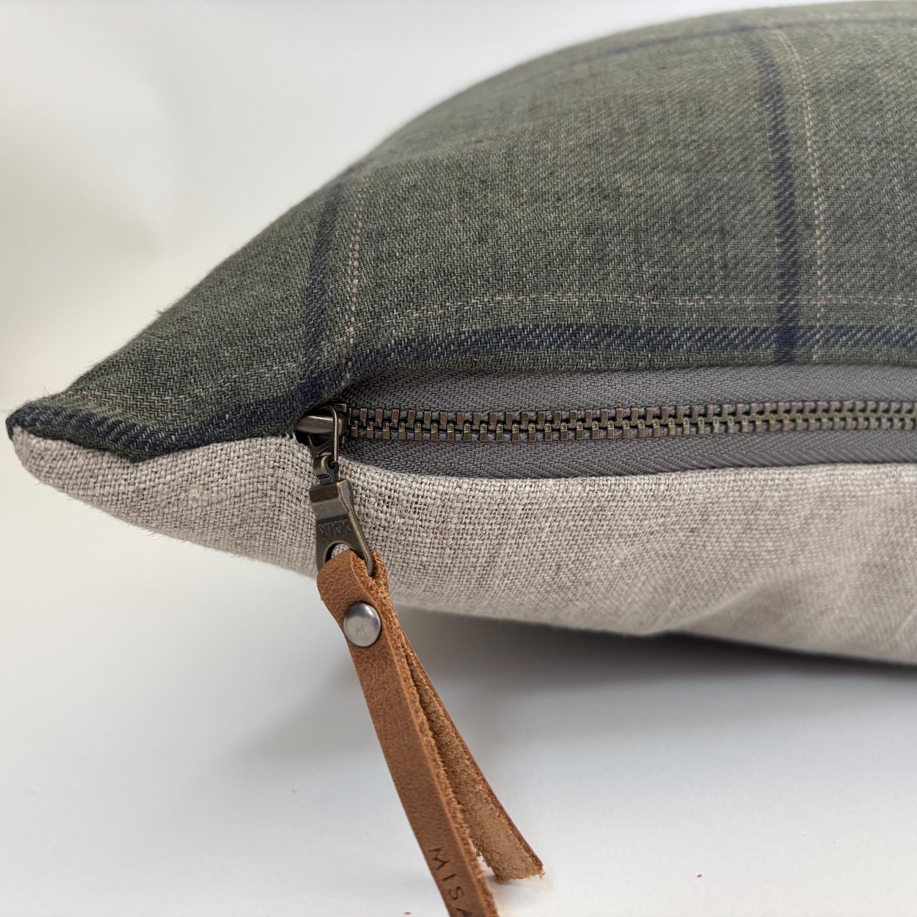 Plaid Linen Pillow Cover: Green and dark checked with Leather Zipper Pull housewarming gift 18”20”22”24” 100 percent linen