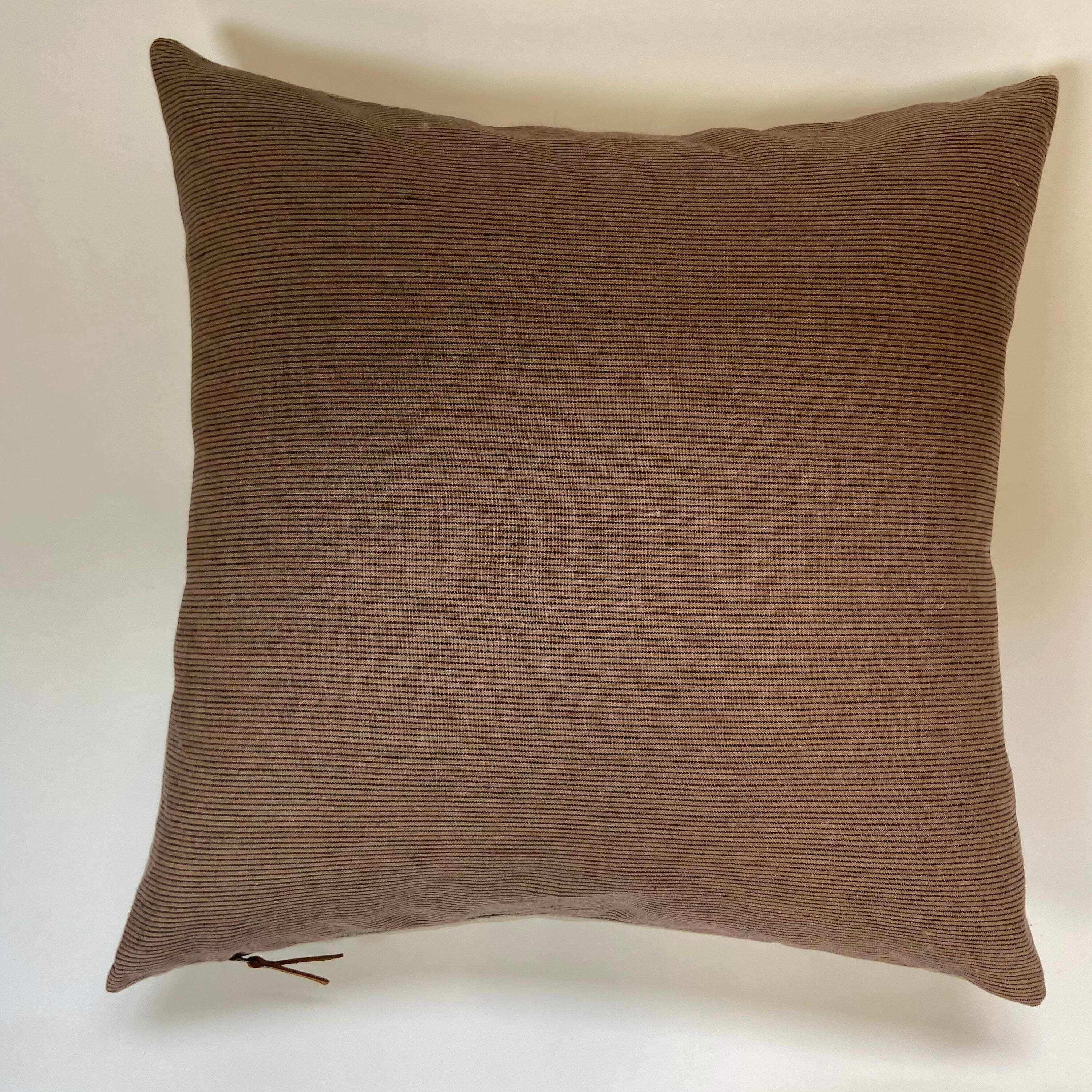 Brown and black striped linen pillow cover 100% linen exposed zipper-leather pull 14x24 20x20 24x24 high quality housewarming gift