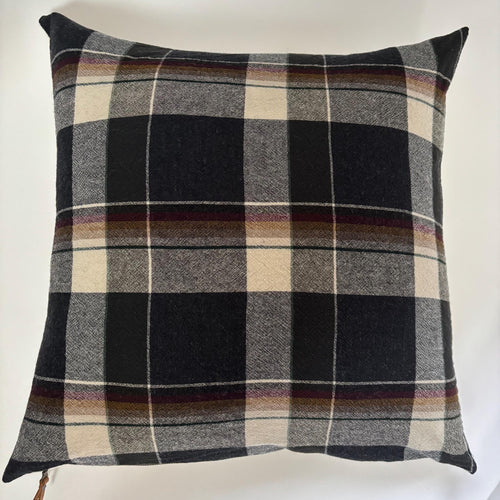 Black and cream plaid wool pillow cover exposed zipper-leather pull 24” 22” 20” 14x24 Handcrafted by misa housewarming gift
