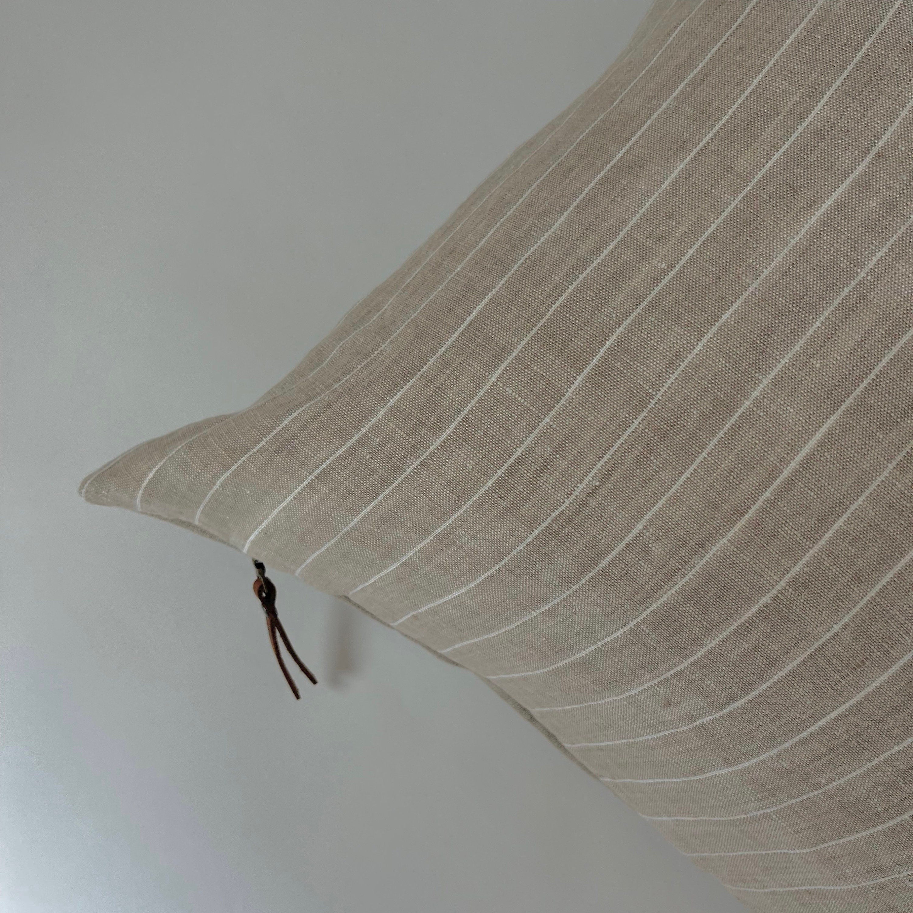 white and tan striped linen pillow cover exposed zipper-leather pull  20"22"24" 14x24 high quality 100% linen